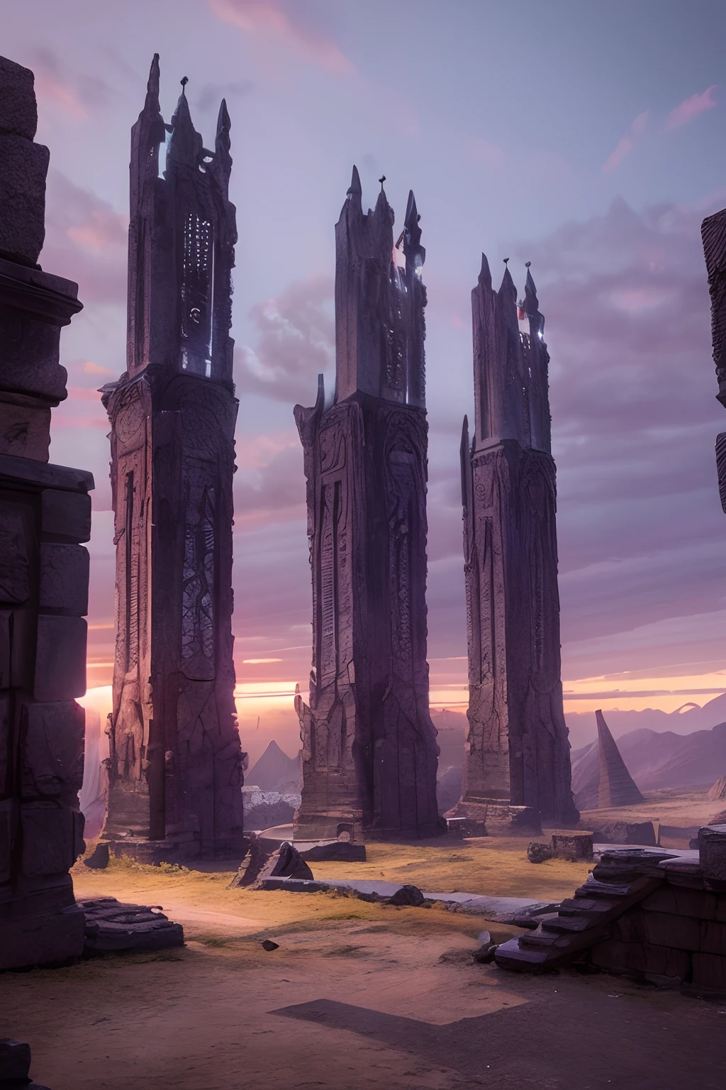Game scene, a liminal space, an ancient city of Gods and Monsters made of black Iron Catalan stone, in a vast purple desolate wasteland, starships, sci-fi, by Thomas Kinkade, HR Giger --auto