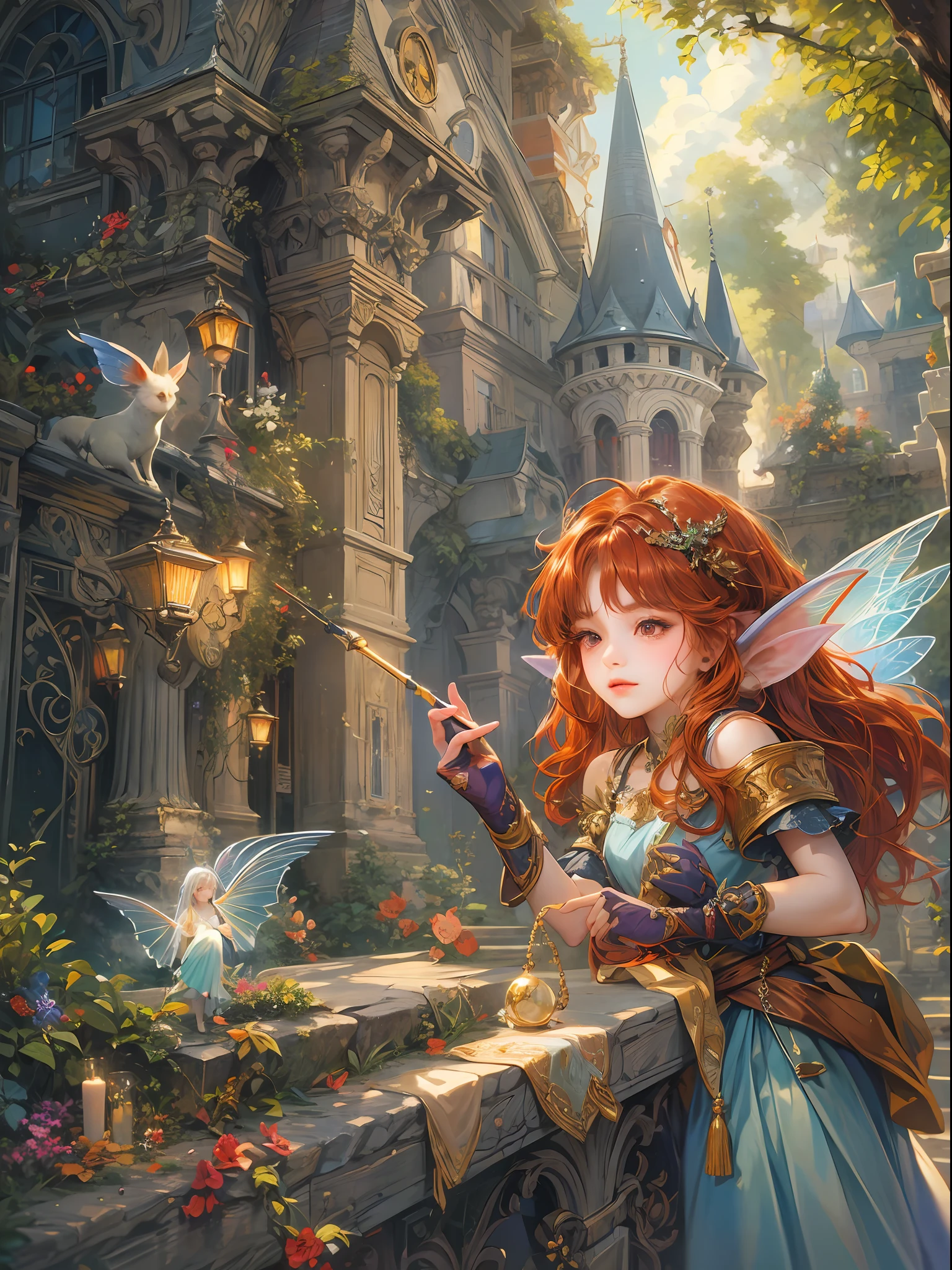 (absurdres, highres, ultra detailed, HDR), masterpiece, best quality, legend of mana character, heroine, detailed face, beautiful face with decorative detailed hair ornament, seraphina talking to a little  black haired faerie with red eyes with magic wand outside academy of geo, detailed character, detailed outdoor academy of magic, witch school, detailed backdrop