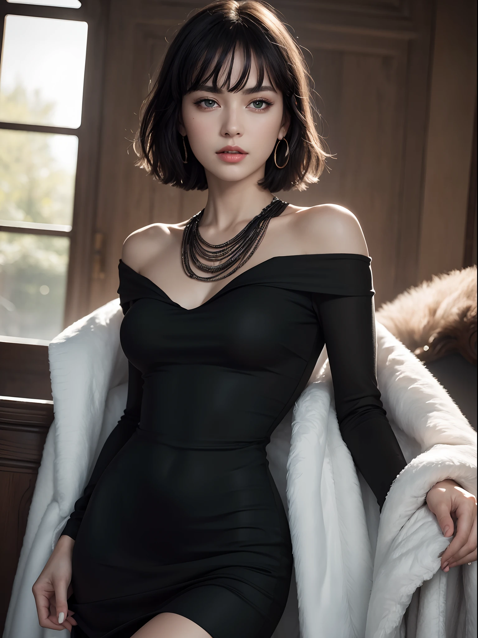 (masterpiece, best quality:1.4), (standing:1.2), (dinamic pose:1.4), 1girl, solo, fubuki, black hair, green eyes, short hair, black dress, (black dress:1.8), dress, (fur coat), high collar, jewelry, necklace, off shoulder, taut clothes, taut dress, looking at viewer, beautifull smile, beautiful face, highly detailed face, highly detailed eyes, highly detailed skin, skin pores, subsurface scattering, realistic pupils, full face blush, full lips, detailed background, depth of field, volumetric lighting, sharp focus, absurdres, realistic proportions, good anatomy, (realistic, hyperrealistic:1.4), 16k hdr,