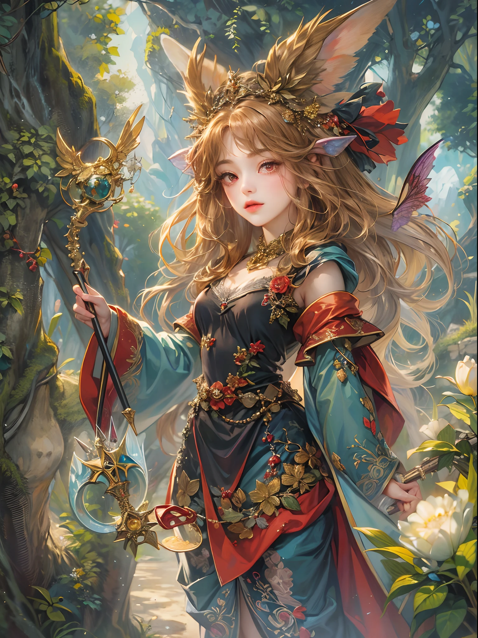 (absurdres, highres, ultra detailed, HDR), masterpiece, best quality, legend of mana character, heroine, detailed face, beautiful face with decorative detailed hair ornament, seraphina talking to a little  black haired faerie with red eyes with magic wand outside academy of geo, detailed character, detailed outdoor academy of magic, witch school, detailed backdrop