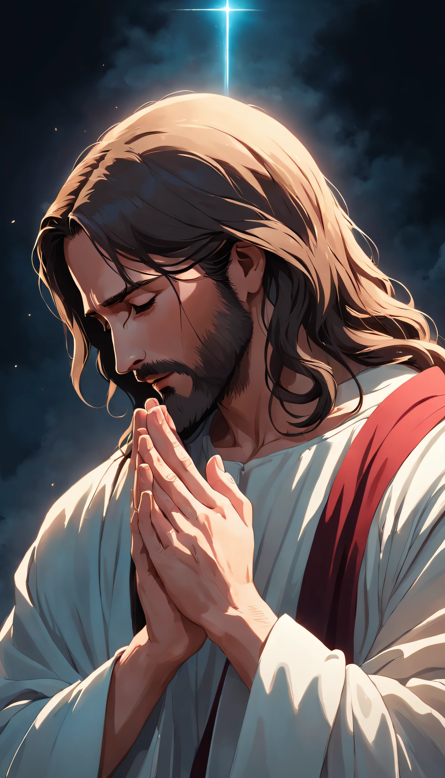 "Create an image of Jesus in profile, depicted in the act of prayer with hands clasped together."