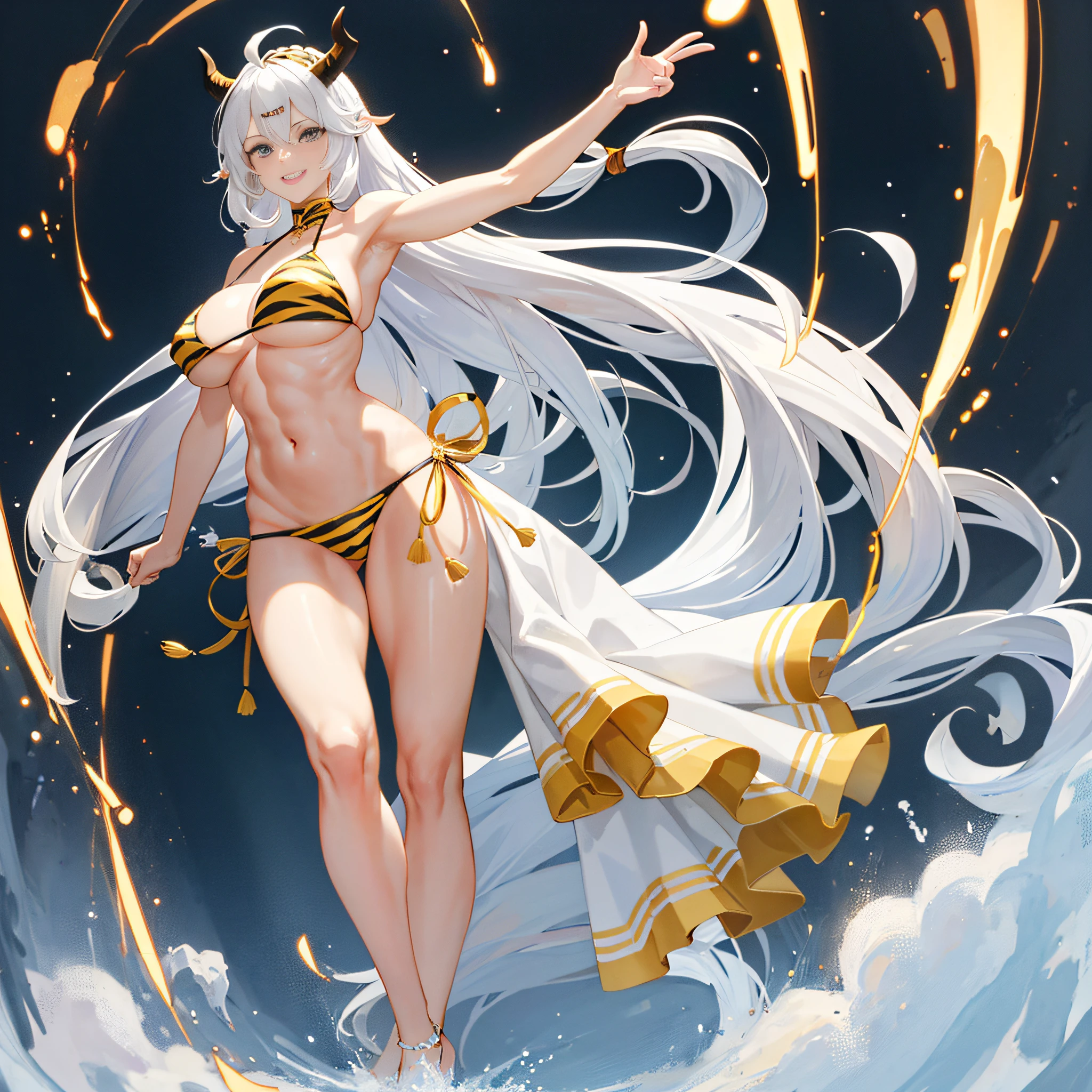 1girl full body standing, nice ass, yellow tiger bikini, Hairstyle with a white braid, white color hair, BLINDFOLED, perfect lighting, muscular, thights, Mature woman, mummy, bellybutton, Abs, looks at the viewer (masterpiece, hiquality: 1.1) smile, Extremely huge breasts, Maternal, porcelain skin, extra very long hair, sparkly skin, good face, ONI HORNS