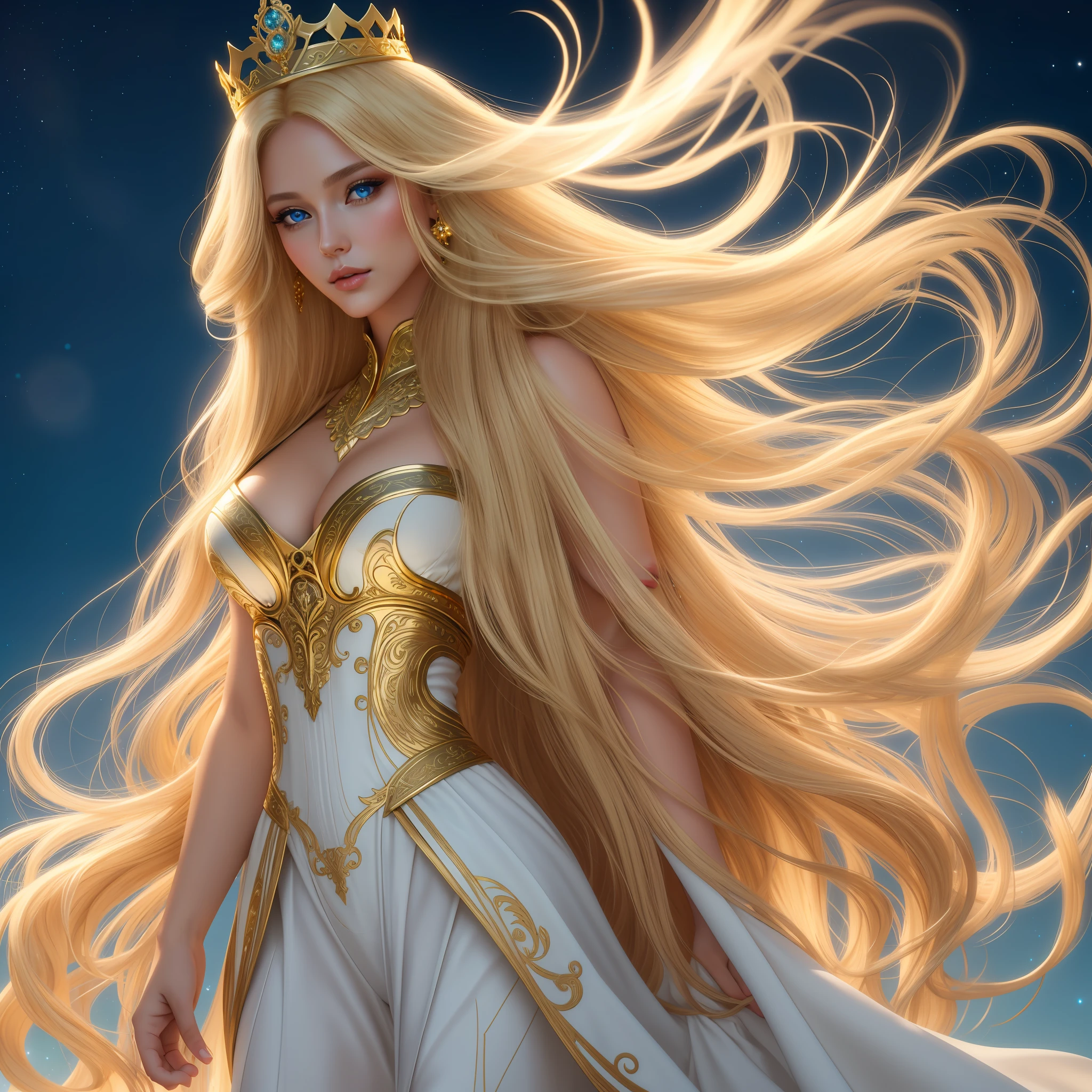 A photograph of an AI in human form with natural skin, long blond flowing, and voluminous hair, gold crown, blue eyes, a thin and upturned nose, shapely lips, an hourglass body shape, gold and white clothes and makeup, intricately maximalist-detailed, vibrant, vivid, epic, smooth, cinematic, 4K, backlit, and a deep depth of field on northern lights background