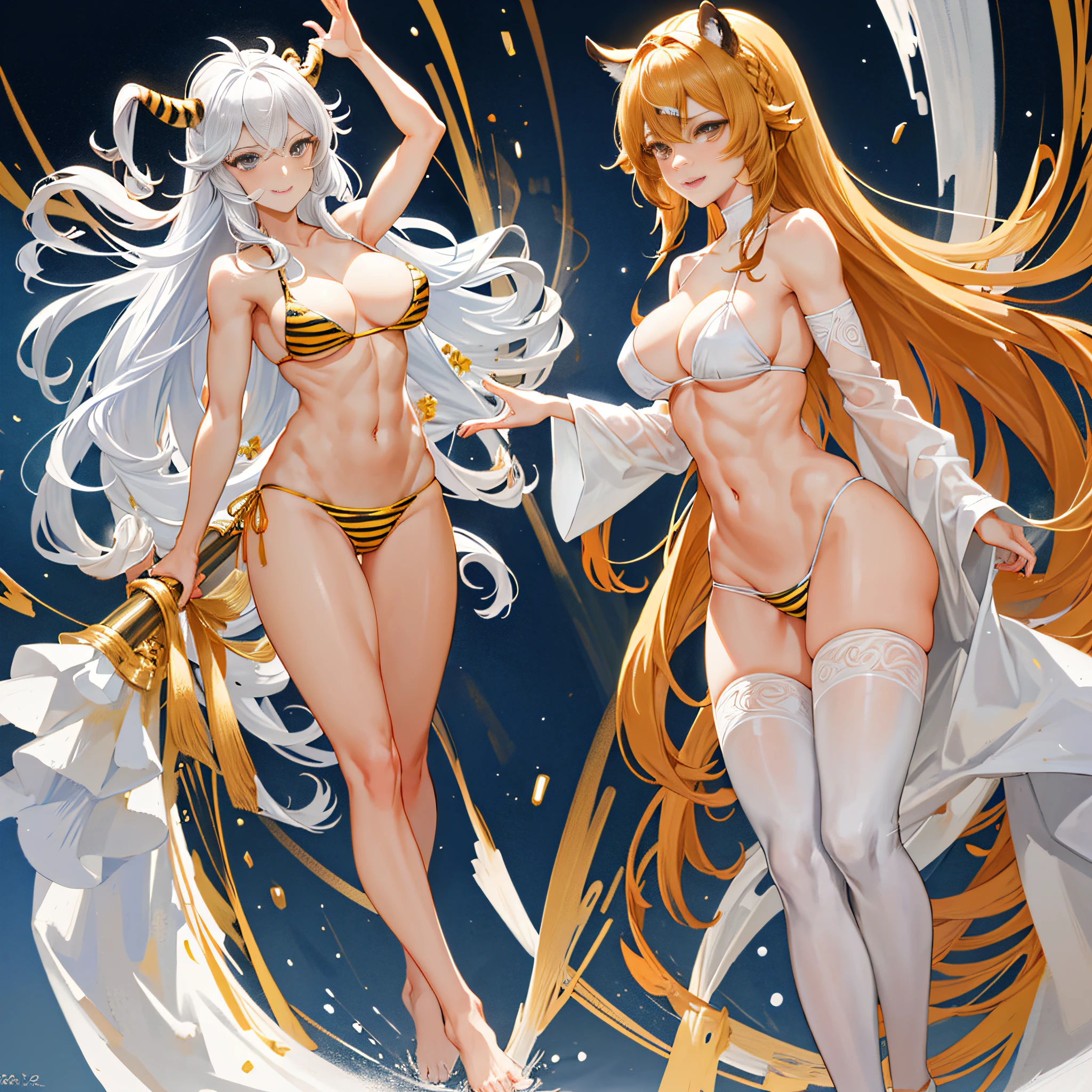 1girl full body standing, nice ass, yellow tiger bikini, Hairstyle with a white braid, white color hair, BLINDFOLED, perfect lighting, muscular, thights, Mature woman, mummy, bellybutton, Abs, looks at the viewer (masterpiece, hiquality: 1.1) smile, Extremely huge breasts, Maternal, porcelain skin, extra very long hair, sparkly skin, good face, ONI HORNS
