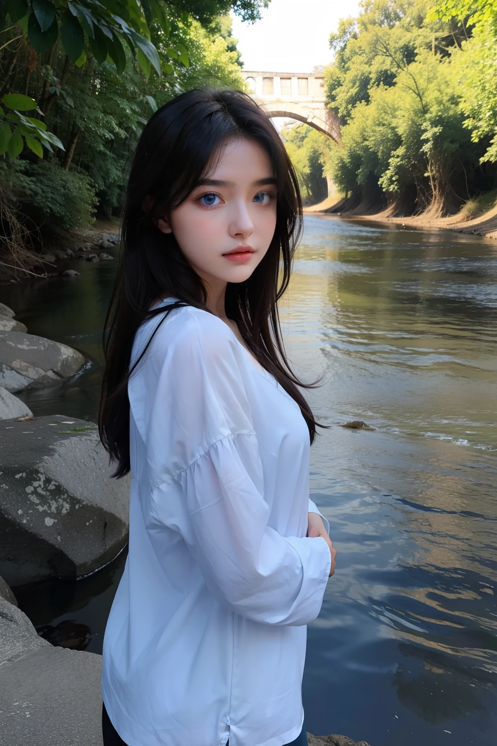 beautiful girl with blue eyes standing near a river bank