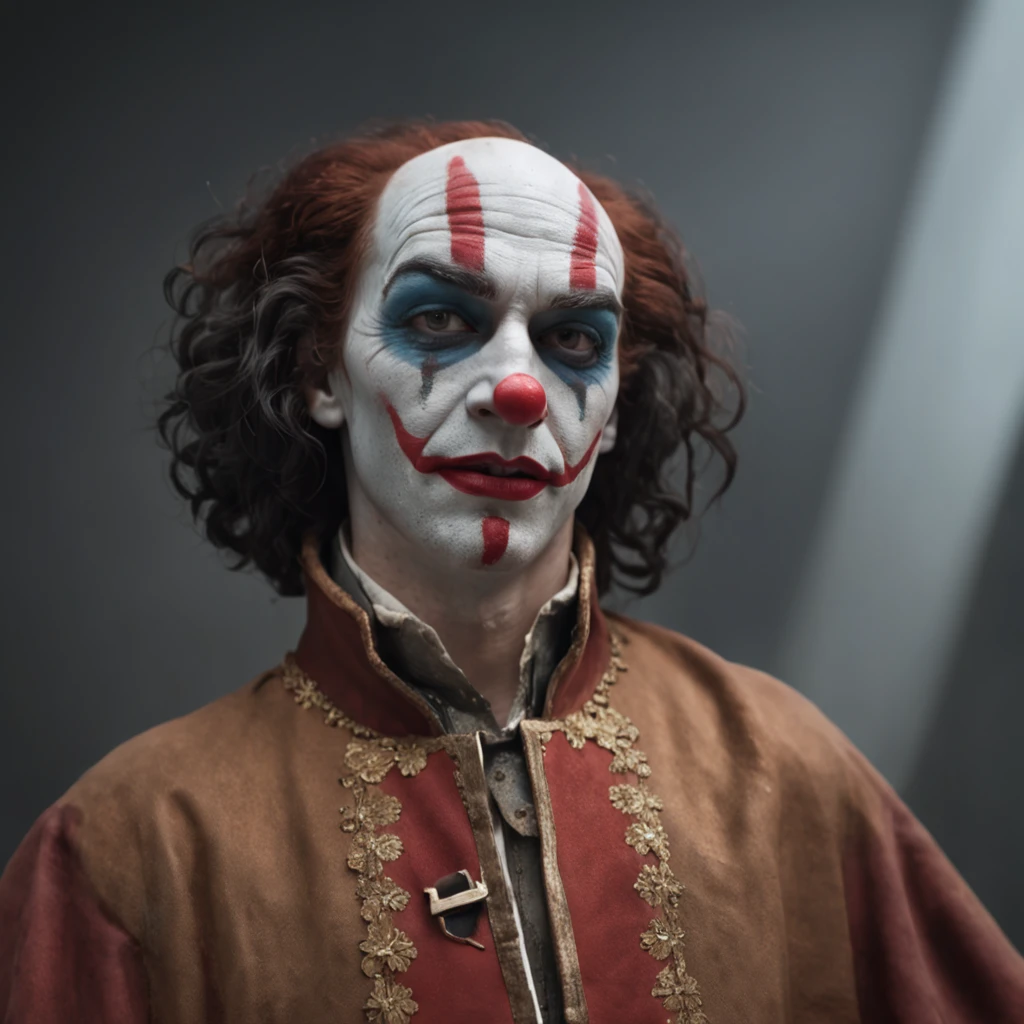 (Professional 3D rendering:1.3) de (Realistic:1.3) Foto de arte mais bonita do mundo，Features soft, bright male heroes, ((Epic hero dressed up as clown with sad expressions, dynamic pose, fantastic location, majestoso ambiente desordenado)), corpo inteiro 8k unidade render, action shot, poros da pele, very dark lighting, sombreamento pesado, circunstanciado, Rosto detalhado, (vibrante, fotogrdeia realista, Realistic, Dramatic, Escuro, foco nítido, 8k), (Old leather clothes damaged by bad weather:1.4), ((((Use peles)))), (intrincado:1.4), decadente, (altamente detalhado:1.4), pintura digital, rendering by octane, art stations, Conceito-Arte, liso, foco nítido, illustration, germe da arte, (Loish:0.23), Wlop Ilya Kuvshinov, e Greg Rutkowski e Alphonse Mucha Gracias, (global ilumination, studiolight, Light Volumetric), chuva forte, floating particles, patife, fantasia, Onze, corpo inteiroesbian, ((Fundo escuro e antigo da cidade:1.3)),CGSesociedade,art stations