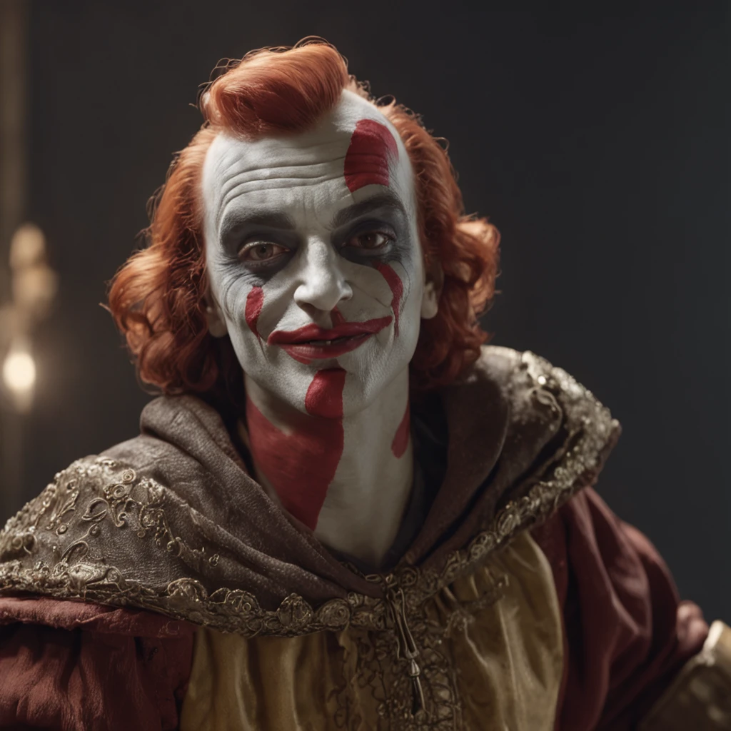 (Professional 3D rendering:1.3) de (Realistic:1.3) Foto de arte mais bonita do mundo,Features soft, bright male heroes, ((Epic hero dressed up as clown with sad expressions, dynamic pose, fantastic location, majestoso ambiente desordenado)), corpo inteiro 8k unidade render, action shot, poros da pele, very dark lighting, sombreamento pesado, circunstanciado, Rosto detalhado, (vibrante, fotogrdeia realista, Realistic, Dramatic, Escuro, foco nítido, 8k), (Old leather clothes damaged by bad weather:1.4), ((((Use peles)))), (intrincado:1.4), decadente, (altamente detalhado:1.4), pintura digital, rendering by octane, art stations, Conceito-Arte, liso, foco nítido, illustration, germe da arte, (Loish:0.23), Wlop Ilya Kuvshinov, e Greg Rutkowski e Alphonse Mucha Gracias, (global ilumination, studiolight, Light Volumetric), chuva forte, floating particles, patife, fantasia, Onze, corpo inteiroesbian, ((Fundo escuro e antigo da cidade:1.3)),CGSesociedade,art stations