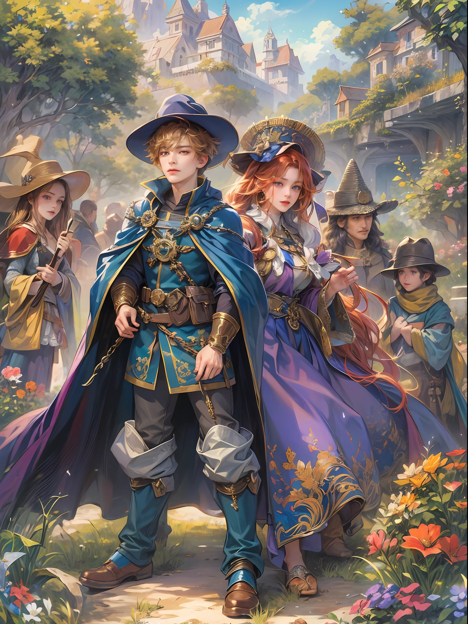 (absurdres, highres, ultra detailed, HDR), masterpiece, best quality, legend of mana character, handsome young hero wearing detailed purple hat, detailed face, handsome face, shiloh sightseeing to outside together with elazul the jumi knight in a refreshing crowd, wearing detailed black cape, strolling at the luon highway , detailed character, detailed outdoor, detailed highway field