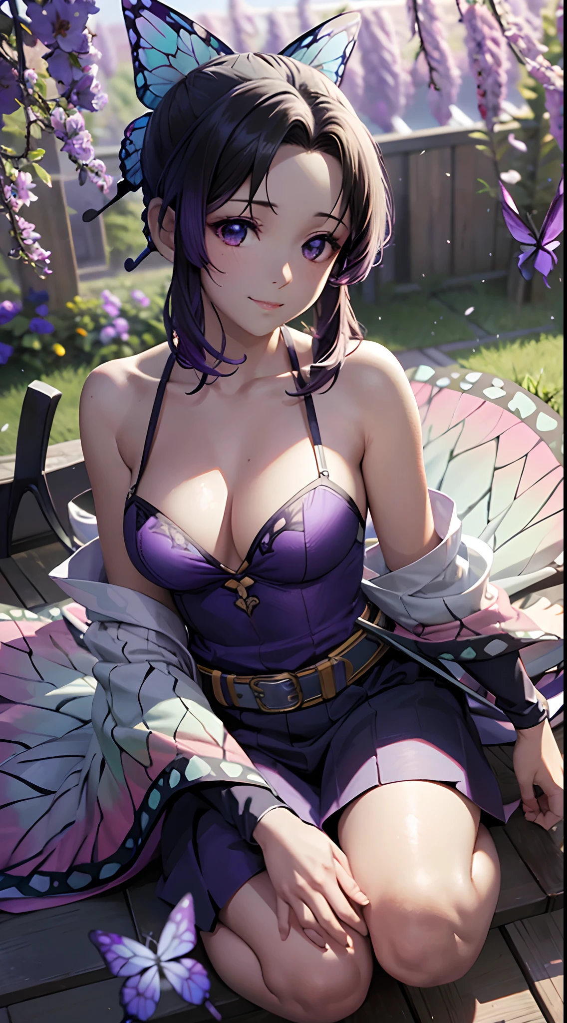 Ultra-realistic 8K CG，tmasterpiece，（（Ultra detailed backgrounds，delicate patterns，Complicated details）），Best quality at best，Full body photo，very vey very detailed face，very detailed eyes and faces，Very detailed eyes，Kochou Shinobu，O cabelo multicolorido，No bangs，hair intakes，Purple eye，haori，butterflys，obi strip，（trpical garden：1.2），purple flower，mostly cloudy sky，rays of sunshine，Tyndall effect，Gradient_sky，the face，beautiful sky，Saber on the waist，captivating posture，（Large breasts:1.3)，（cleavage:1.3)，（Off-the-shoulder attire:1.6)