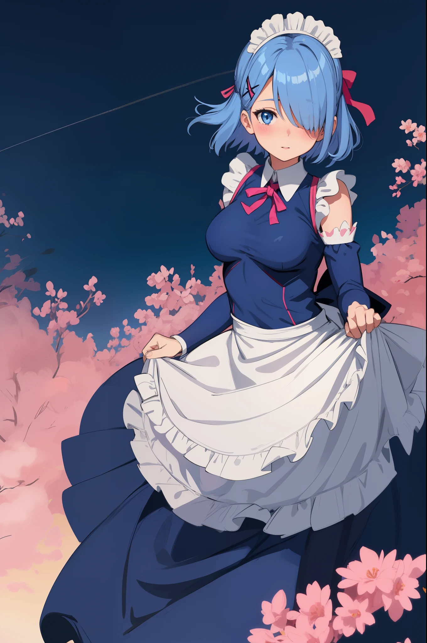 supergirl, solo, breasts, looking at viewer, blush, short hair, blue eyes, hair ornament, dress, ribbon, medium breasts, blue hair, hair ribbon, outdoors, detached sleeves, sky, day, hair over one eye, apron, blue sky, maid, maid headdress, x hair ornament, pink ribbon, roswaal mansion maid uniform