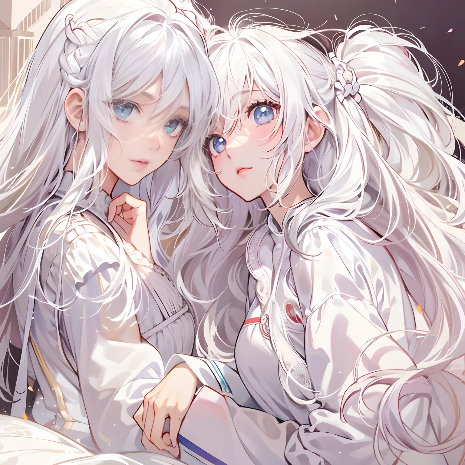 Kizi,goodlooking,The upper part of the body,largeeyes,adolable,white clothes,long whitr hair,sideface,Off-white hair,style of anime