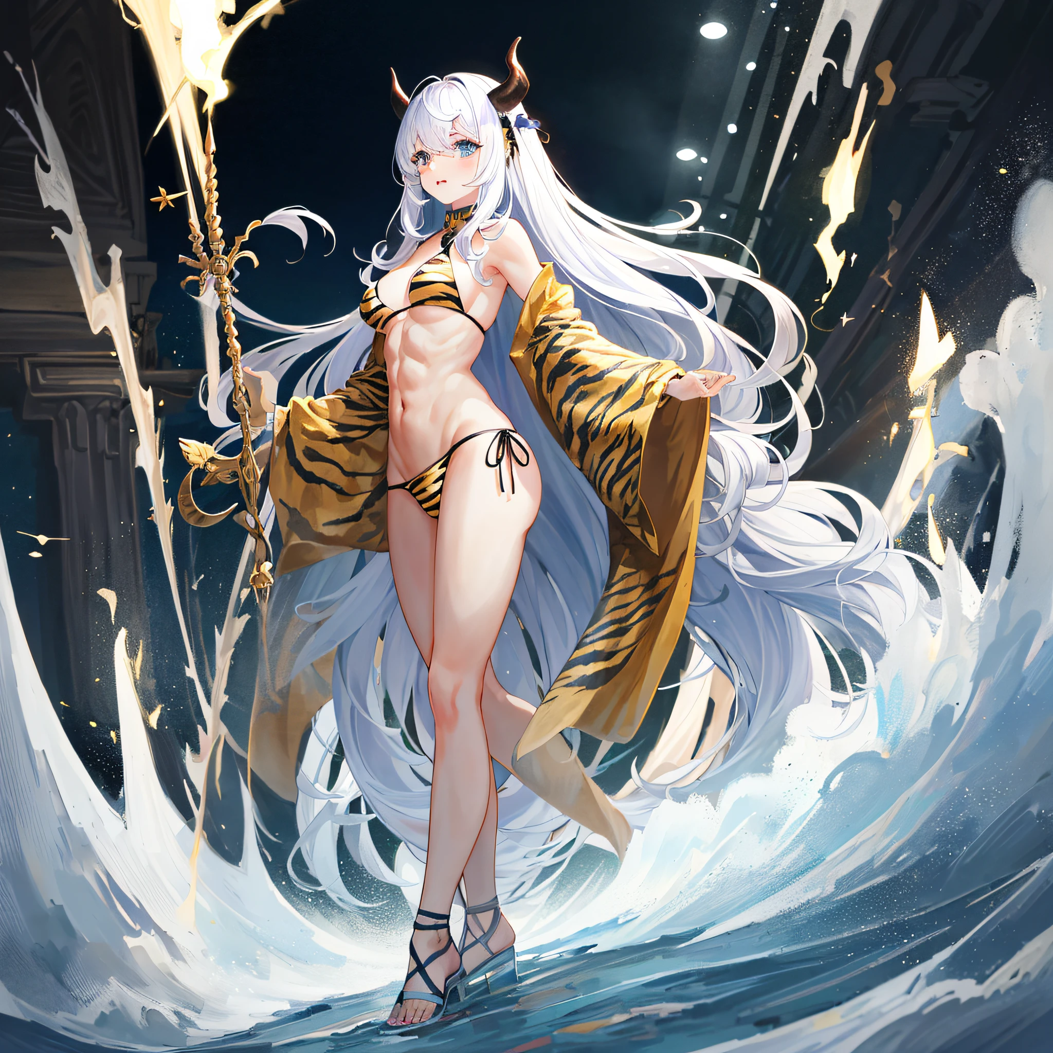 1girl full body standing, nice ass, yellow tiger bikini, Hairstyle with a white braid, white color hair, BLINDFOLED, perfect lighting, muscular, thights, Mature woman, mummy, bellybutton, Abs, looks at the viewer (masterpiece, hiquality: 1.1) smile, Extremely huge breasts, Maternal, porcelain skin, extra very long hair, sparkly skin, good face, ONI HORNS