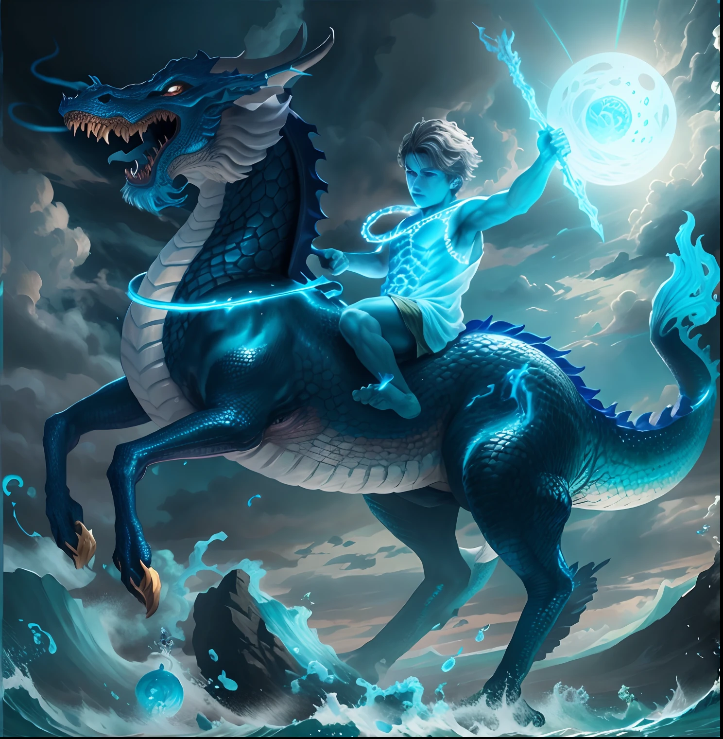Close-up of a boy riding a blue dragon on the waves......, Dragon Rider, epic fantasy digital art style, Dragon Ride, epic fantasy art style, digital painting greek mythology, Epic Fantasy Illustration, Rob Ray, Joe Biden rides a dragon, Digital Fantasy Illustration, detailed digital 2d fantasy art, epic fantasy style art, Jesus rides a dragon, epic fantasy art style hd