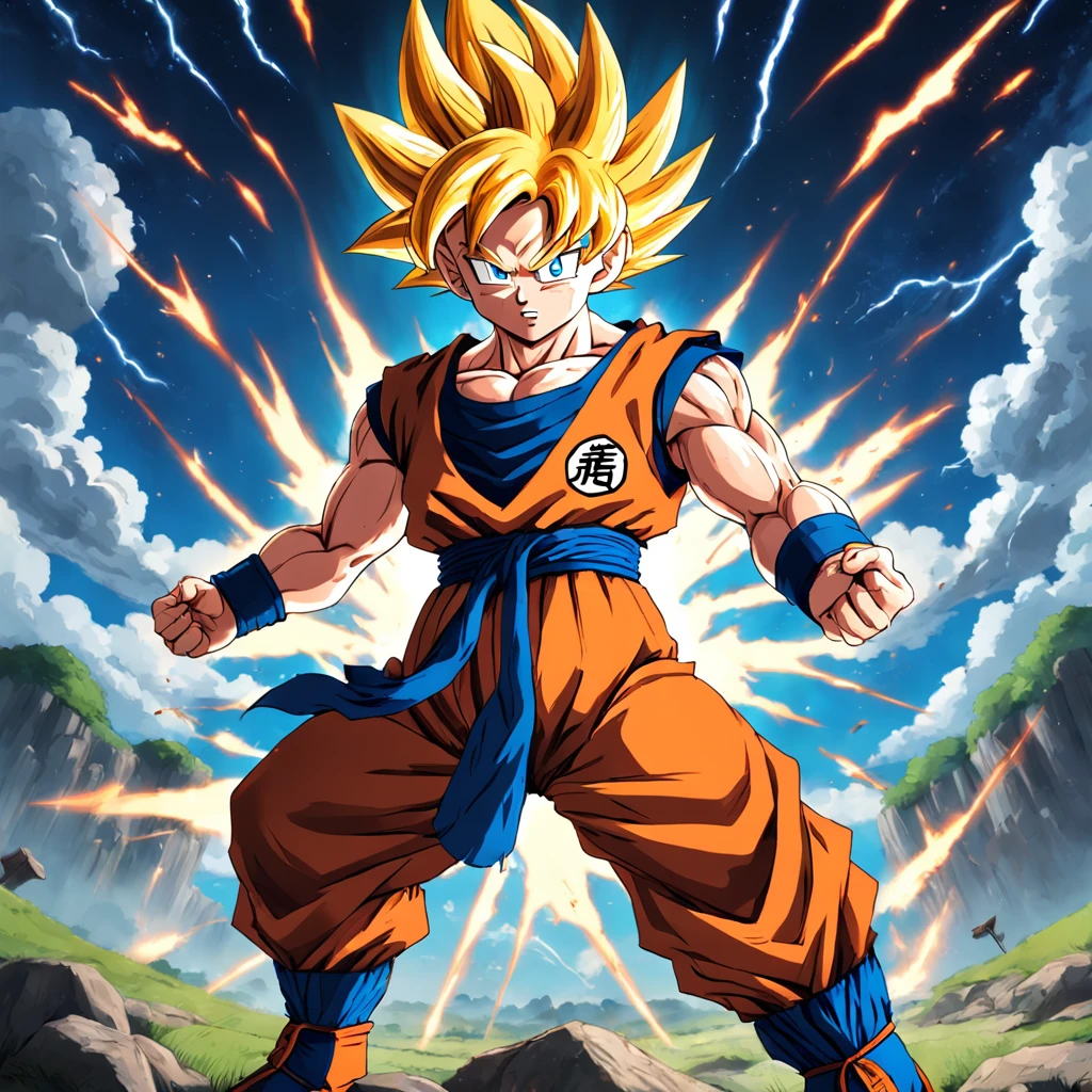 Goku em uma pose frontal, em um campo de batalha, feito por akira toriyama