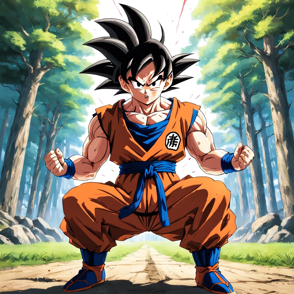 Goku em uma pose frontal, em um campo de batalha, feito por akira toriyama
