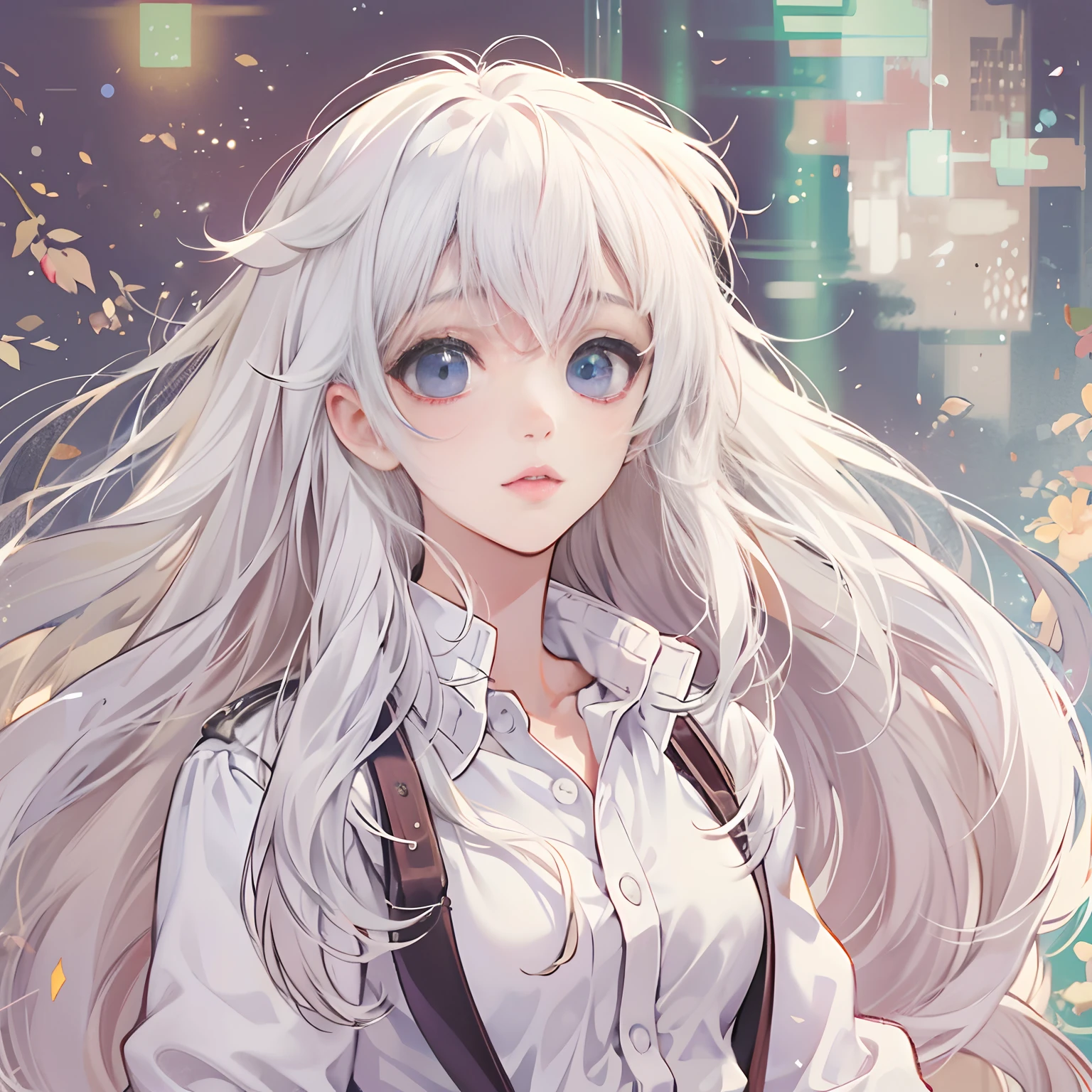 Kizi,goodlooking,The upper part of the body,largeeyes,adolable,white clothes,long whitr hair,sideface,Off-white hair,style of anime