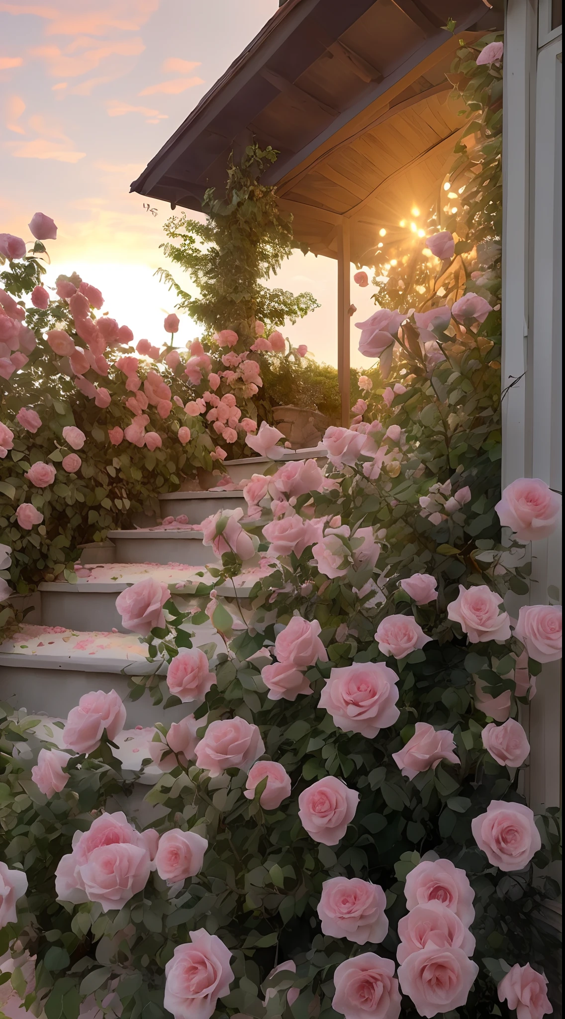 A bush of pink roses outside the house, beautiful and aesthetic, soft pink, beautiful aesthetic, roses in movie lights, lush flowers outdoors, nature and floral aesthetics, rose garden, roses, portal made of roses, beautiful images, roses, fantastic aesthetics, in a cottage core garden, pink golden hour, (masterpiece:1.6, best quality), (fine detailed beautiful eyes: 1.2), (extremely detailed CG unity 8k wallpaper, masterpiece , super detailed, best shadows), (detailed background), high contrast, (best lighting, extremely delicate and beautiful), ((color paint splatter on transparent background, Dulux,)), ((caustics) ), dynamic angles, beautiful detail glow,