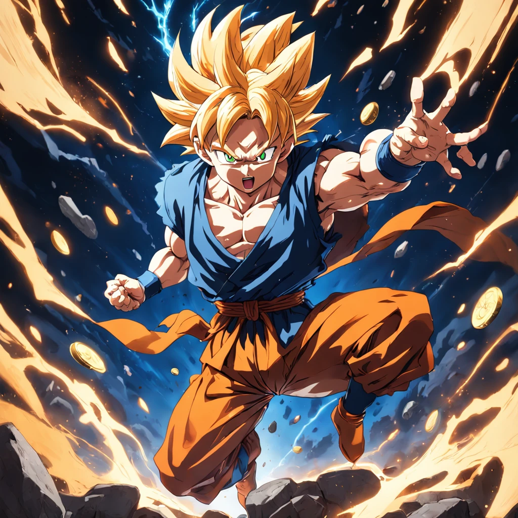 Visualize the dynamic world of Dragon Ball Super as you depict Goku in a unique perspective: from above, tossing a coin. Capture his iconic appearance and energy, infusing the image with a sense of movement and power as he playfully interacts with the coin, showcasing his larger-than-life persona even in everyday moments
