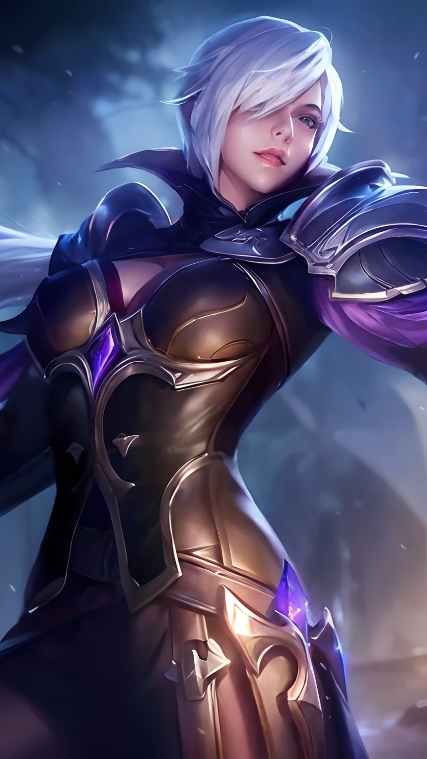 a close up of a woman in a black and purple outfit, platinum skin, samira from league of legends, league of legends character, ig model | artgerm, style league of legends, irelia, extremely detailed artgerm, style artgerm, sigma female, ashe, irelia from league of legends, as seen on artgerm