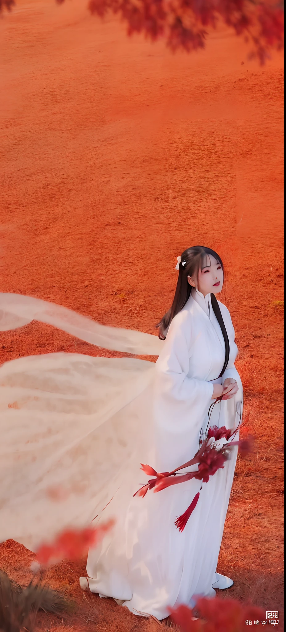 Arad woman in white dress walks in the field, White Hanfu, Palace ， A girl in Hanfu, Hanfu, inspired by Lü Ji, Inspired by Song Maojin, Inspired by Tang Yifen, Inspired by Huang Ji, a still of an ethereal, inspired by Ma Yuanyu, dreamy atmosphere and drama, A cena mais bonita