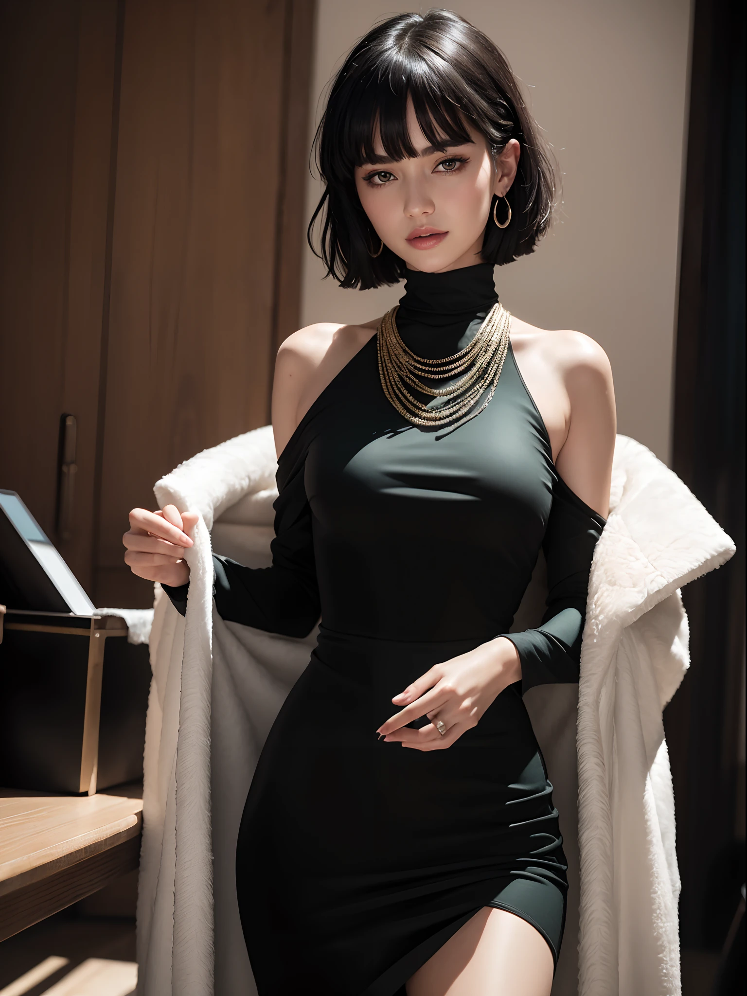 (masterpiece, best quality:1.4), (standing:1.2), (dinamic pose:1.4), 1girl, solo, fubuki, black hair, green eyes, short hair, black dress, (black dress:1.8), dress, (fur coat), high collar, jewelry, necklace, off shoulder, taut clothes, taut dress, looking at viewer, beautifull smile, beautiful face, highly detailed face, highly detailed eyes, highly detailed skin, skin pores, subsurface scattering, realistic pupils, full face blush, full lips, detailed background, depth of field, volumetric lighting, sharp focus, absurdres, realistic proportions, good anatomy, (realistic, hyperrealistic:1.4), 16k hdr,