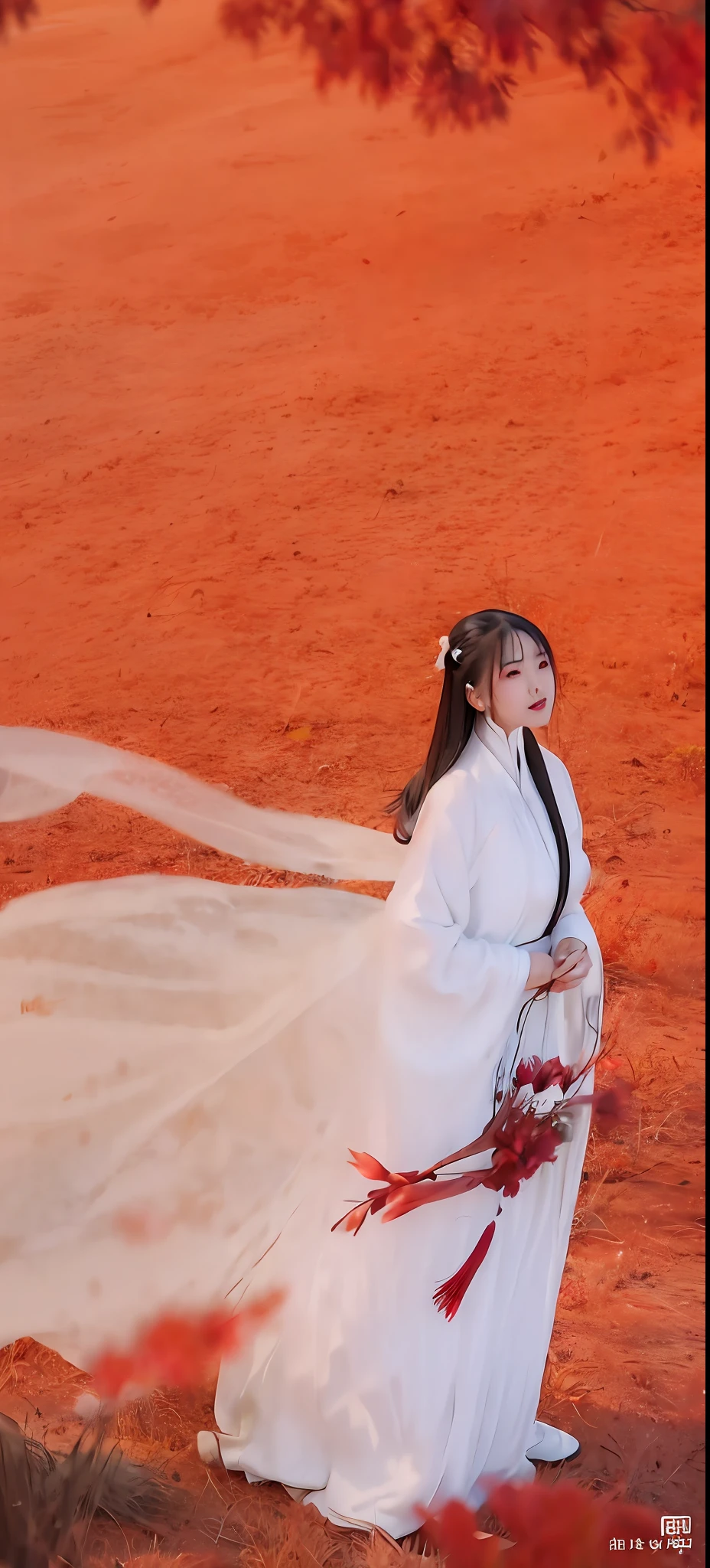 Arad woman in white dress walks in the field, White Hanfu, Palace ， A girl in Hanfu, Hanfu, inspired by Lü Ji, Inspired by Song Maojin, Inspired by Tang Yifen, Inspired by Huang Ji, a still of an ethereal, inspired by Ma Yuanyu, dreamy atmosphere and drama, A cena mais bonita