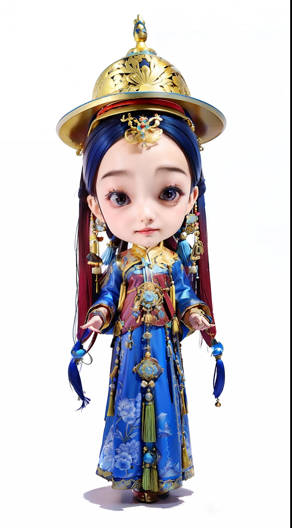 a chibi woman in a blue dress and gold hat, chinese costume, blue colored traditional wear, chinese dress, with acient chinese clothes, traditional chinese clothing, traditional costume, a young woman as genghis khan, ancient asian dynasty princess, traditional dress, palace ， a girl in hanfu, dilraba dilmurat, kazakh empress