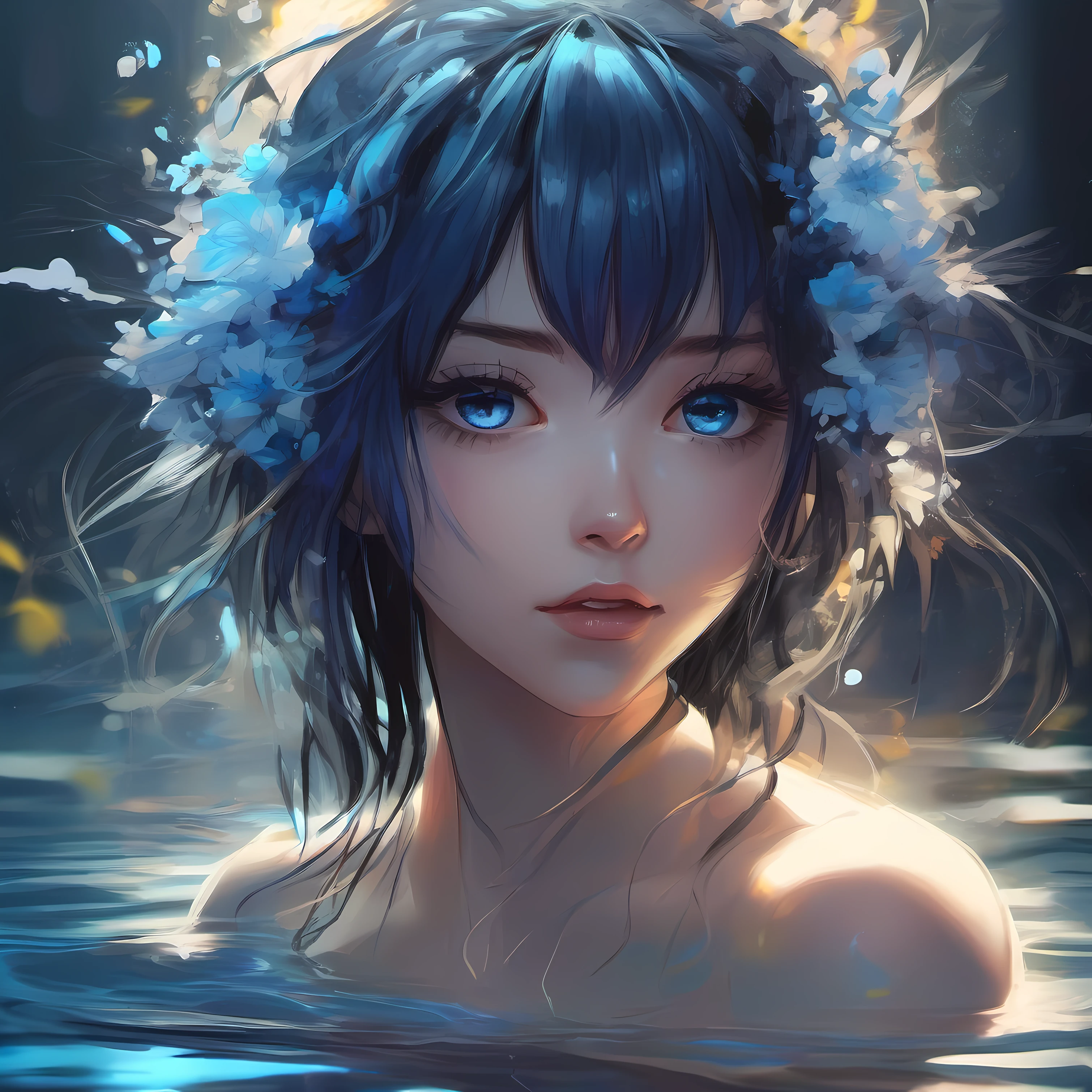 anime girl with small blue flowers in her hair, long straight dark blue hair, face submerged in dark glowing neon blue water up to nose level, eyes opening revealing bright vivid blue anime eyes looking directly at camera with an expressionless face, in a forward facing pose, against dark background with cold atmosphere, dramatic lighting, bold cel shading, detailed textures, digital painting in a breathtaking art style. Avoid extraneous elements, blurry details, unnecessary decorations, inconsistent lighting, distracting backgrounds. Keep focus on anime girl as main subject in a forward facing pose with water at nose level.