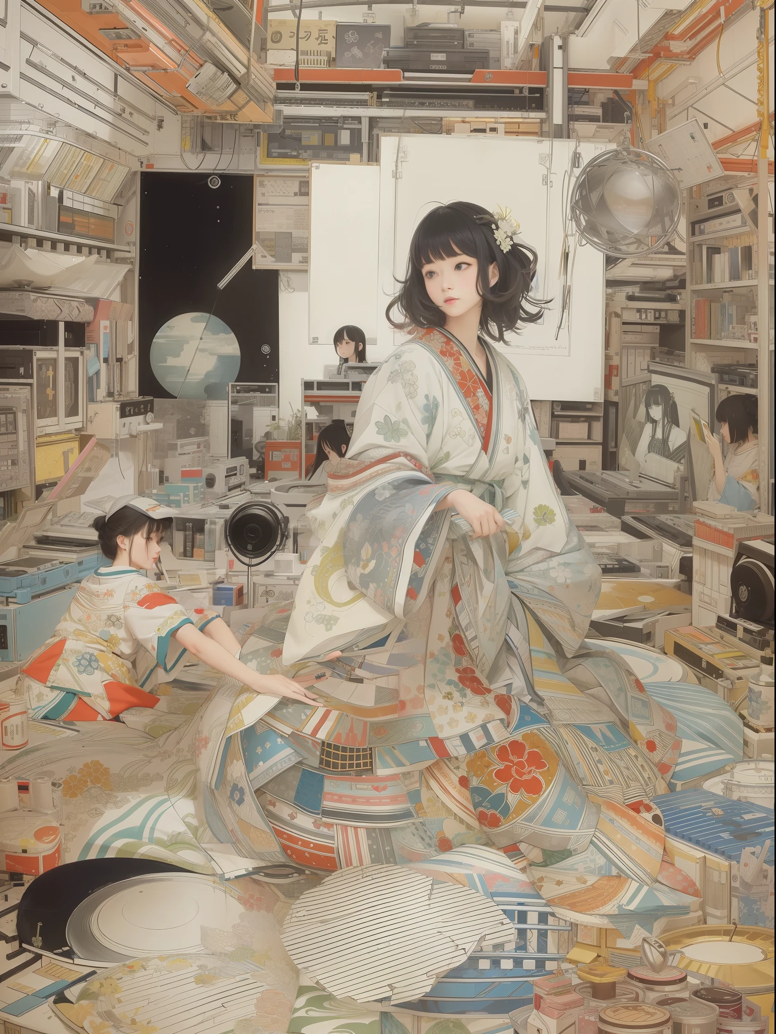 (Best Quality, masutepiece:1.1), (Realistic:1.4), Status quo、DJ Girls、Longhaire、Huge space、ukiyoe painting、Complex structural spaces、disco