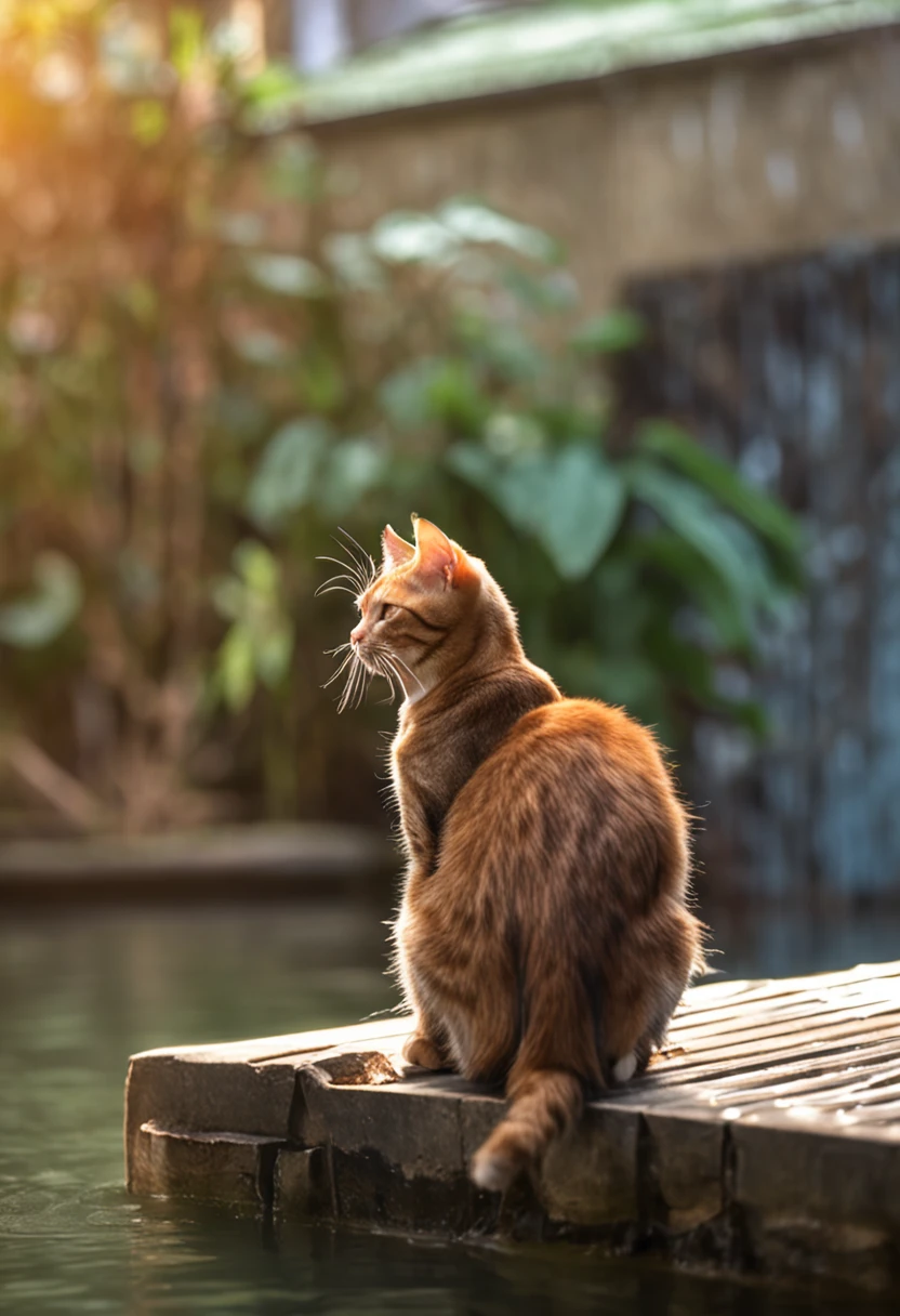 gato tomando banho no lago