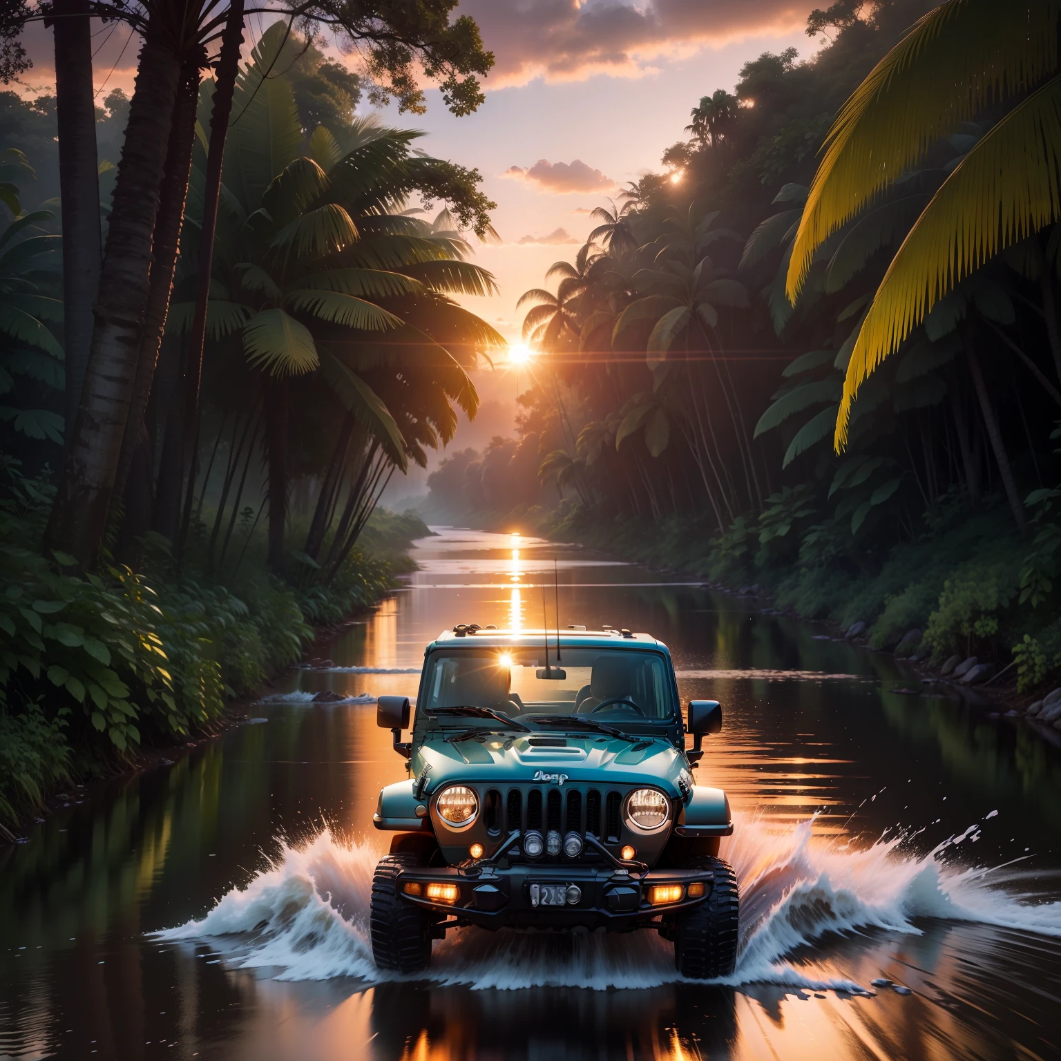 A jeep drift on the river in the jungle, sunset