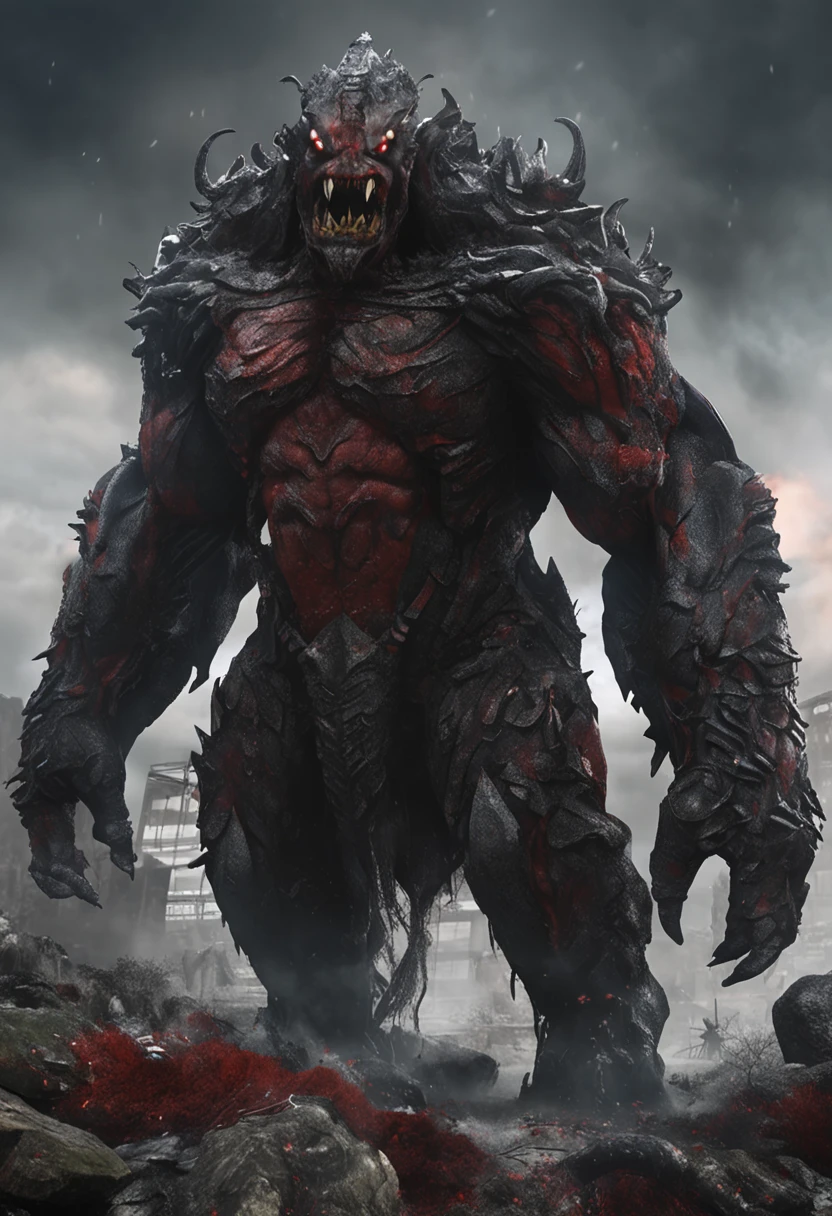 (Gore), Godzilla, defeat, Dying lying, (Dismember,) (stomach cut), (Blood gushes out), (Screaming with a pained expression), Wounds all over the body, Face also injured, Blood dripping from the wounds, Vomiting a large amount of blood,(1body),The lower half of the body is obliterated.