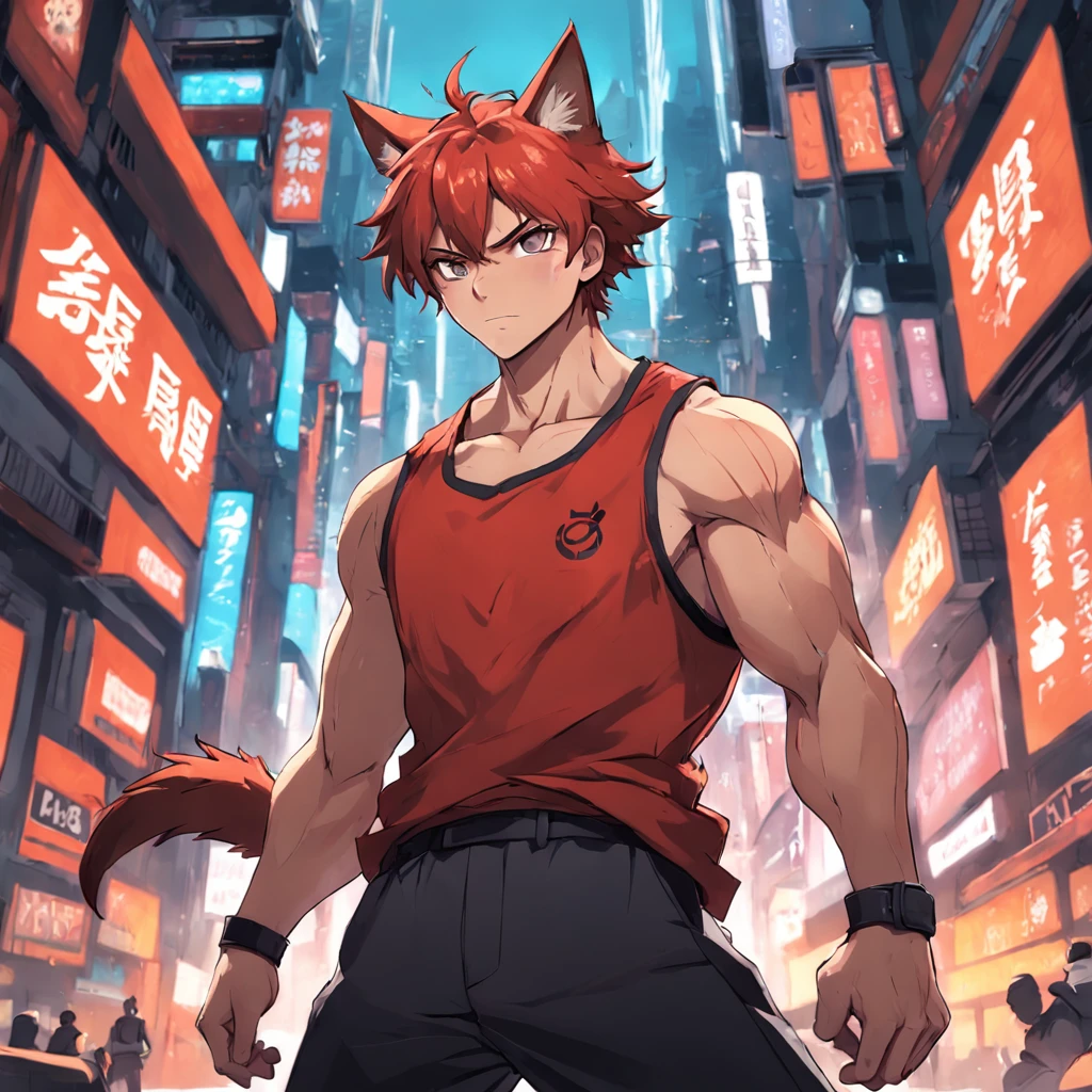 a man in a red tank top and black pants, concept art by senior character artist, trending on polycount, furry art, masculine, official art, 2d game art