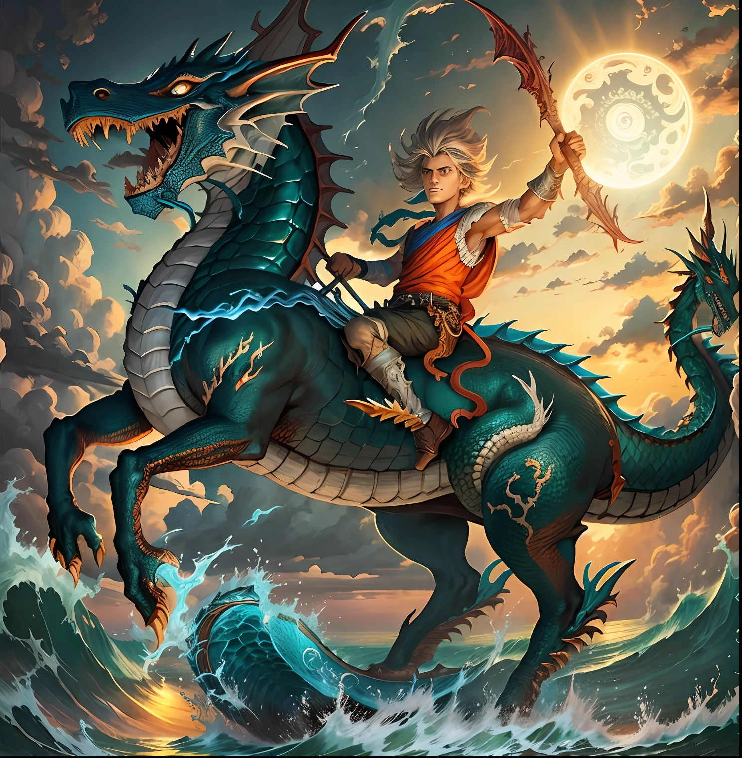 Close-up of a boy riding a blue dragon on the waves....., Dragon Rider, epic fantasy digital art style, Dragon Ride, epic fantasy art style, digital painting greek mythology, Epic Fantasy Illustration, Rob Ray, Joe Biden rides a dragon, Digital Fantasy Illustration, detailed digital 2d fantasy art, epic fantasy style art, Jesus rides a dragon, epic fantasy art style hd