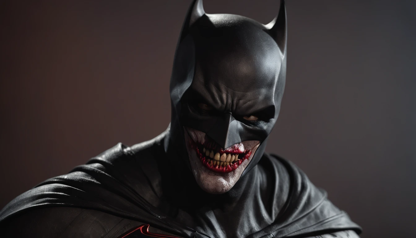 realistic portrayal of Batman emerges, his face twisted into a zombie-like visage, his suit tattered and worn man