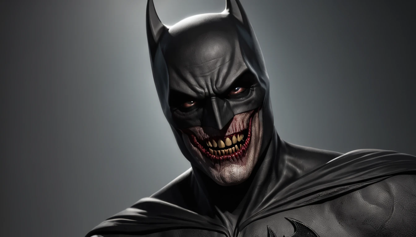 "Macabre Batman with demonic appearance inspired by the comic of Batman who laughs, fundo macabro e dark"