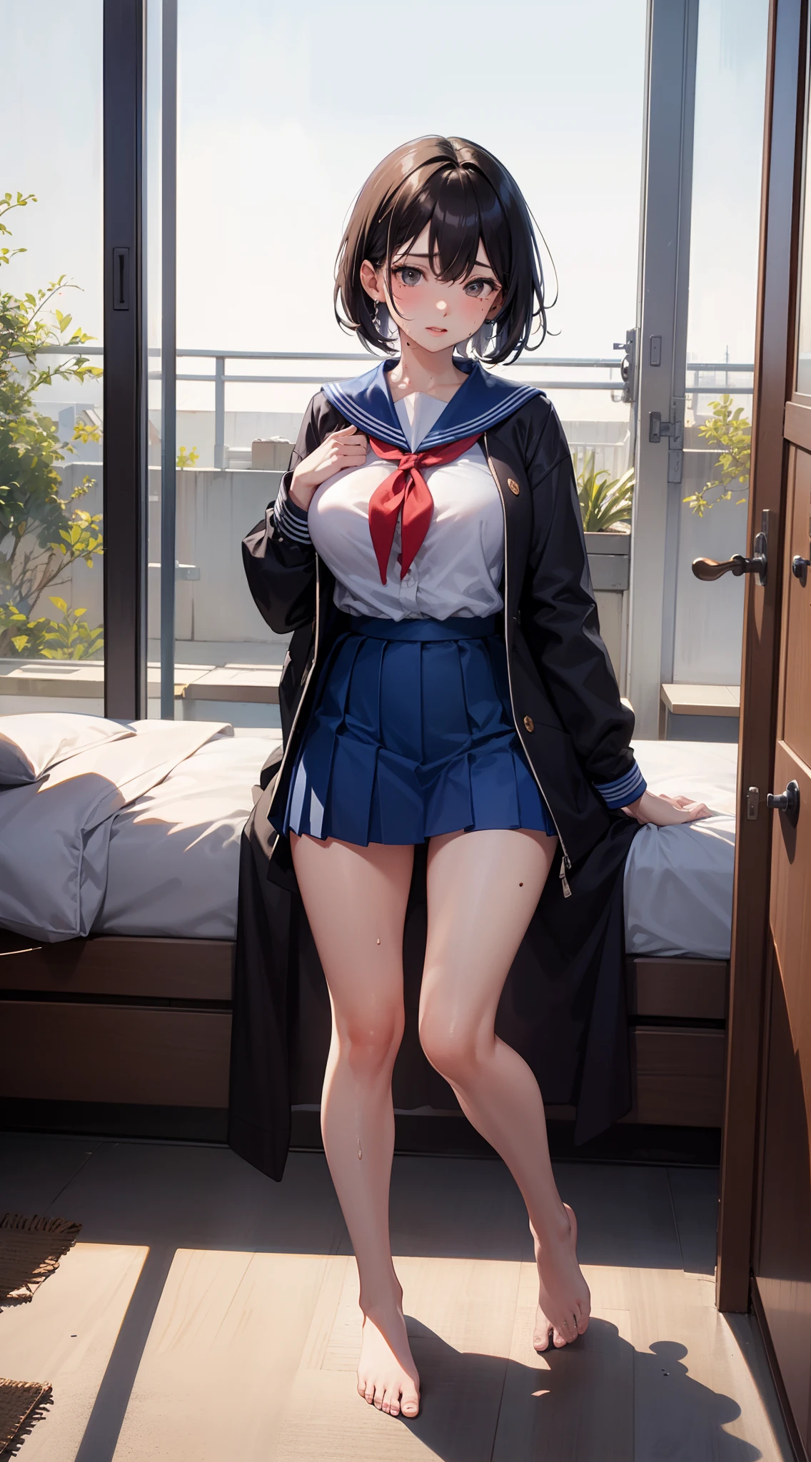 A wife,short detailed hair,Black-brown hair,There is a mole under the left eye,Big breasts,full stature,Wearing a blue and white sailor suit,Black ultra-short pleated skirt,Room bed,Masturbation,And the shape of the female genital organs is clearly visible,There are deep lip prints on the panties,Not wearing Bra,Clothes are soaked,Sweat,orgasmc,Desire for dissatisfaction,Sperm outflow,Bare legged