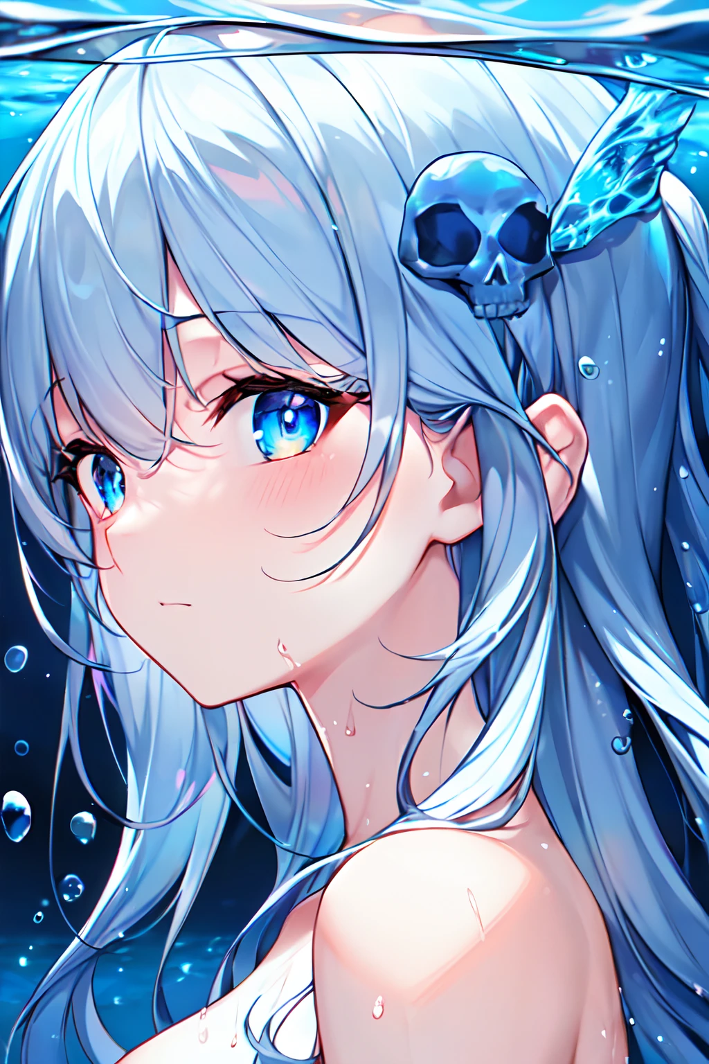 NSFW, (8K, RAW photo, Best quality, Masterpiece:1.2),Ultra photo realsisim, Masterpiece, No Man, skull, {1gril:jellyfish:0.3}, Head features, Bubble, submerged, bone, water, jellyfish, From the side Side, (Close-up:1.3),