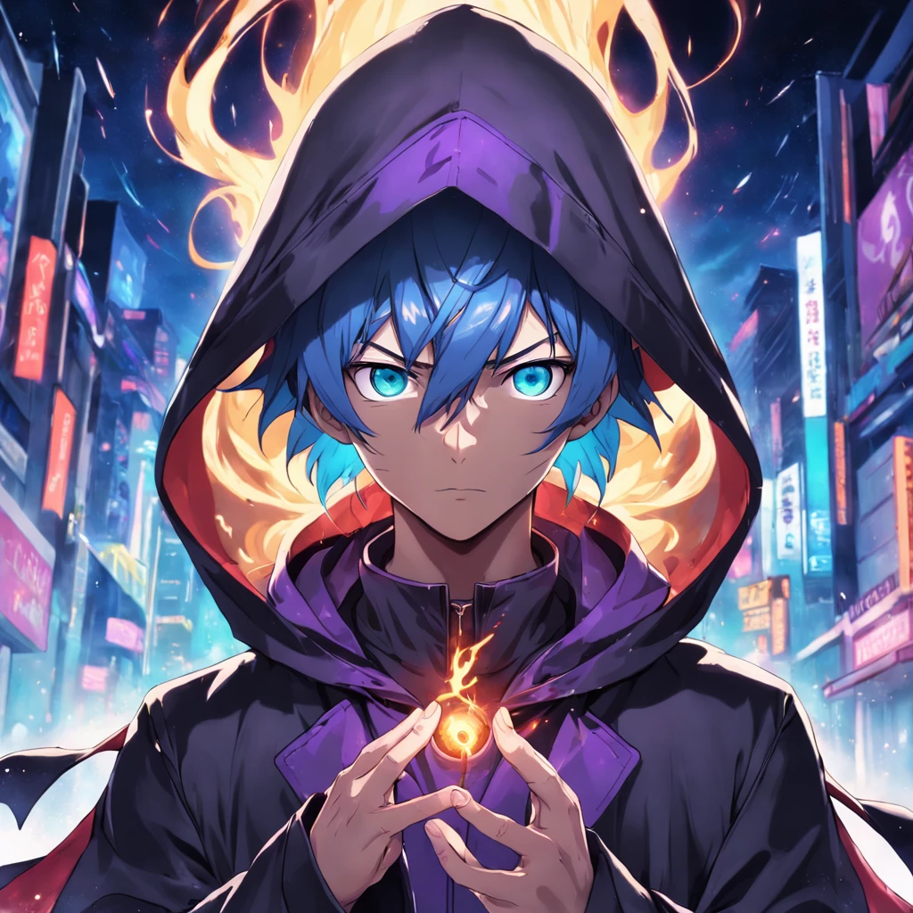 (absurdres, highres, ultra detailed)(Masterpiece, best quality:1.2),1man, wearing a hooded trenchcoat,eye glare, absolutely stunning eyes, holding purple fire in his hands, looking towards the viewer, ultimate power, wearing hood over head, (galaxy face),