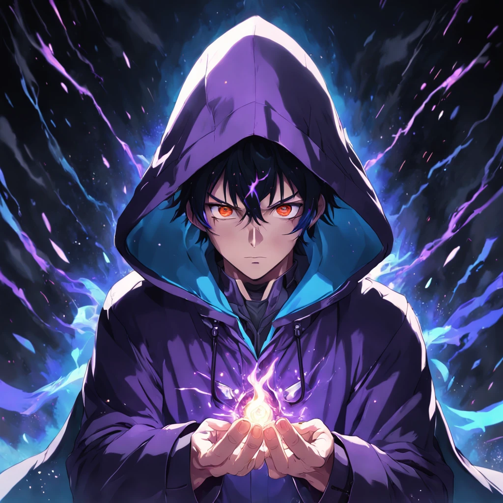(absurdres, highres, ultra detailed)(Masterpiece, best quality:1.2),1man, wearing a hooded trenchcoat,eye glare, absolutely stunning eyes, holding purple fire in his hands, looking towards the viewer, ultimate power, wearing hood over head, (galaxy face),