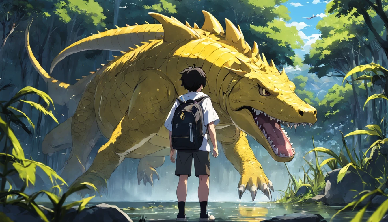 A boy with yellow backpack raised by alligators in high school , na escola , escola , escola , childrens , estudando , desenho anime