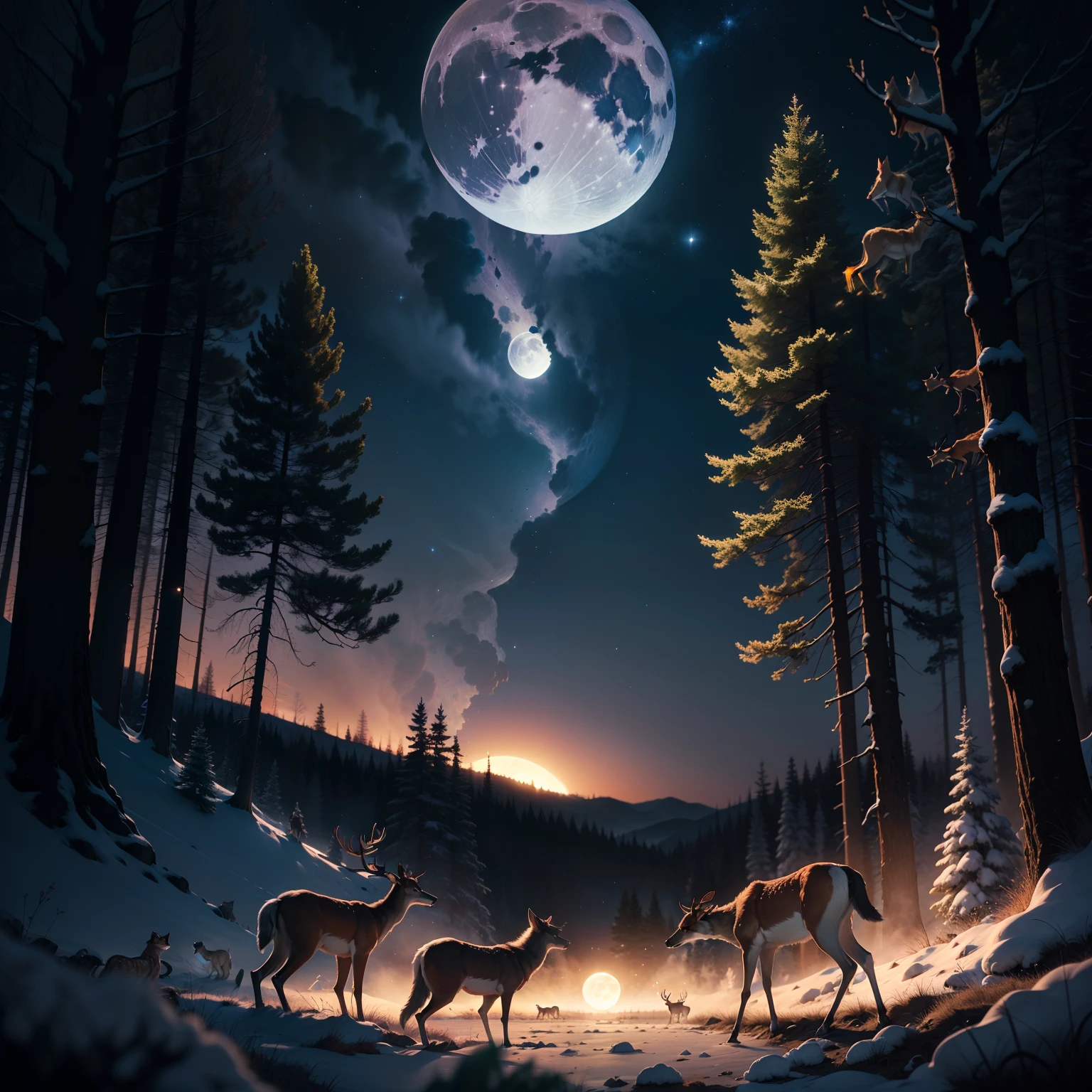 A pack of wolves attacks a deer against the background of the moon and stars and trees. The tones are blue, green with purple hues