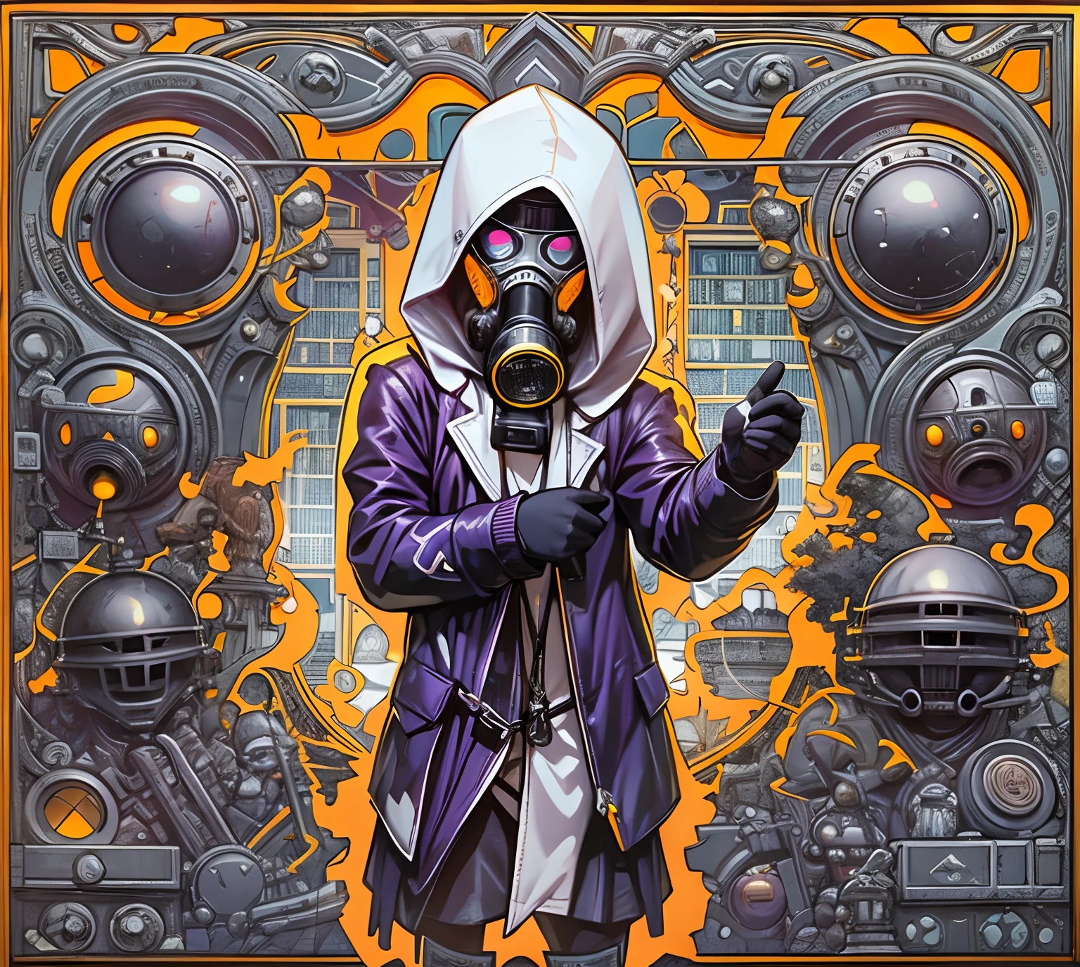 full bodyesbian, Man with gas mask, See unknown shiny objects with engraving patterns, The object is black、There are grooves and carvings revealing white and shiny contents, white hood, a gas mask, gas mask orange lights, X-shaped eyes, X-shaped eyes glowing orange, Black Gloves, white hood, White coat, White vest, white backgrounid, purple walls, Provocative pose towards the camera