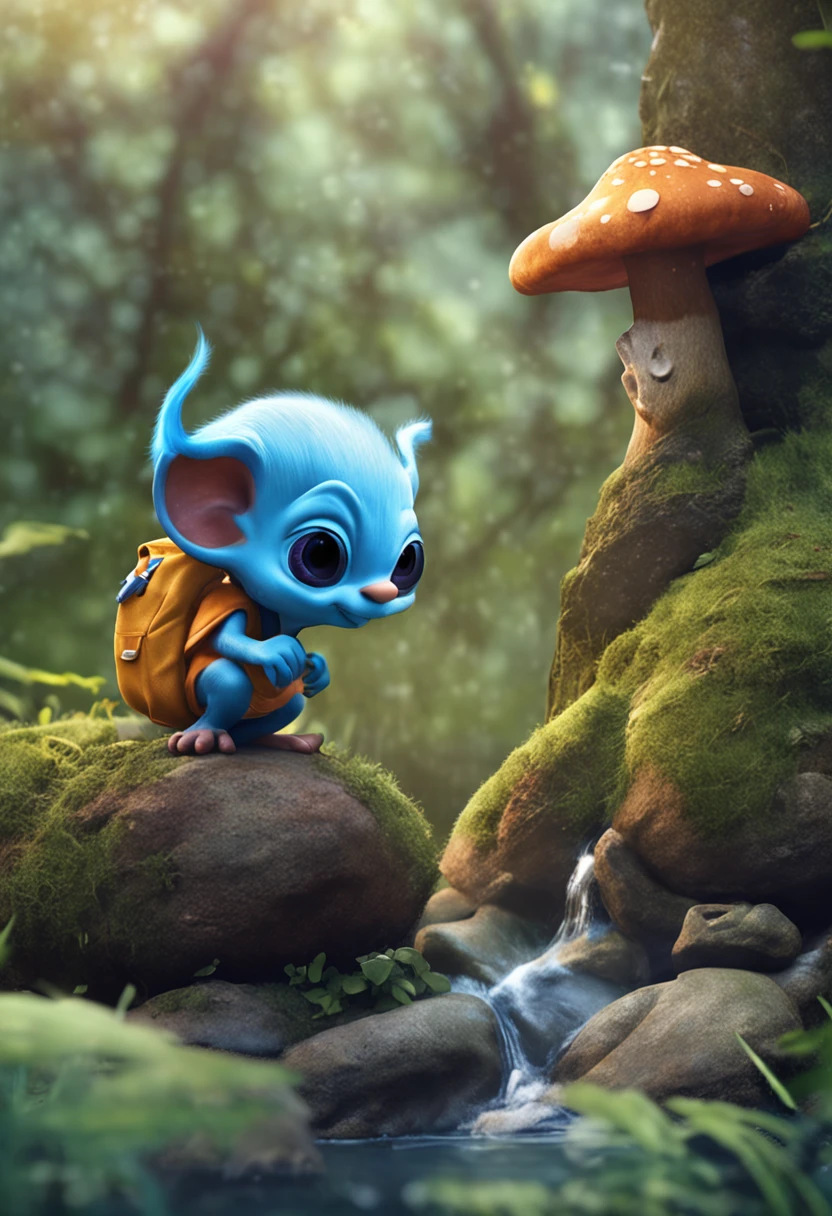 There is a blue alien with a mushroom hat while walking on a log, Smurf, troll pequeno bonito, painting digital adorable, personagem bonito dos desenhos animados, criatura fofa da floresta, elfo azul, arte digital bonito, elfo com pele azul, belas fotos avatar, arte digital detalhada bonito, 2 d arte, Arte 2D, criatura dos desenhos animados, bonito 3 d render, criaturinha fofa
