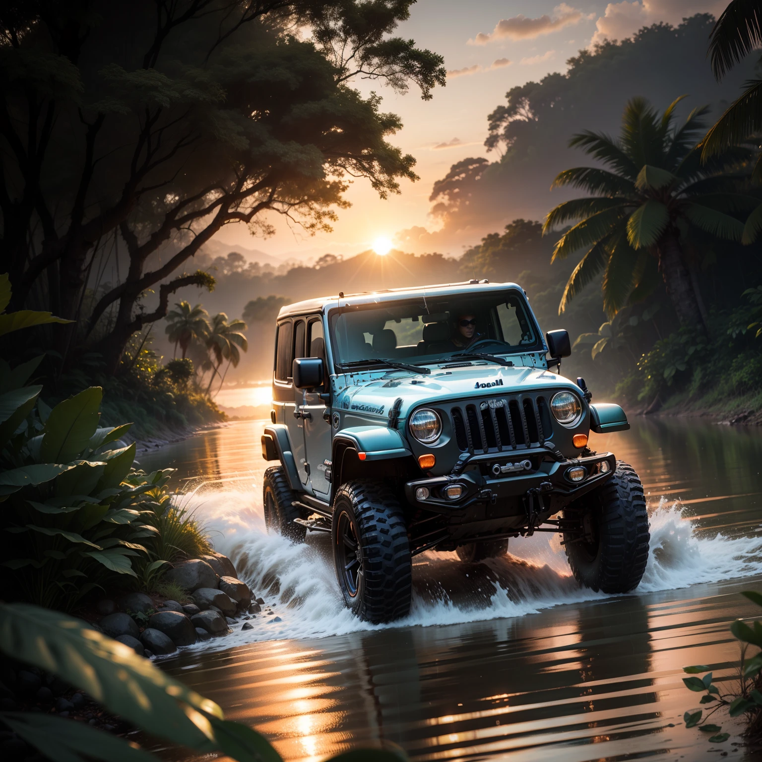(a panoramic view,Realistic,fotografia:1.2),luz brilhante,scenic view,Jeep verde bandeirante em A Floresta,small stream,planta,Rocha,Natureza,fairy in a panoramic view,4k,Fada do Dente,coelho
