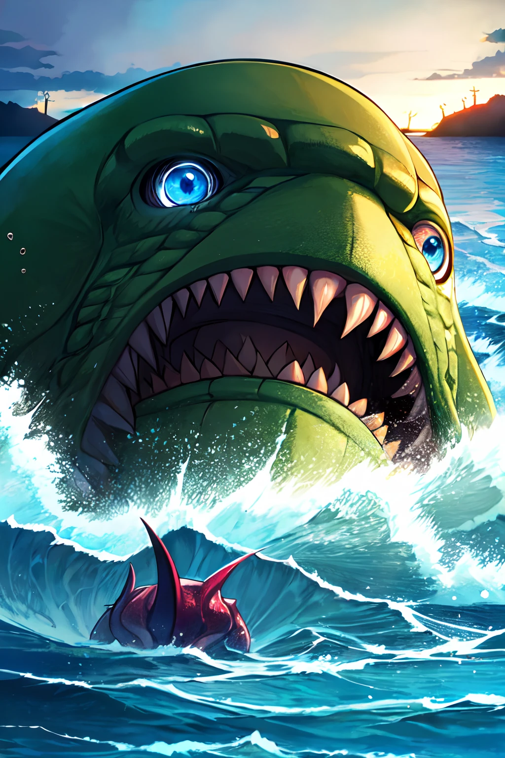 Cthulhu,Monster,Fish,tentaculata，Dark forest，Hit the rocks，Rough sea，dark，Soul style
