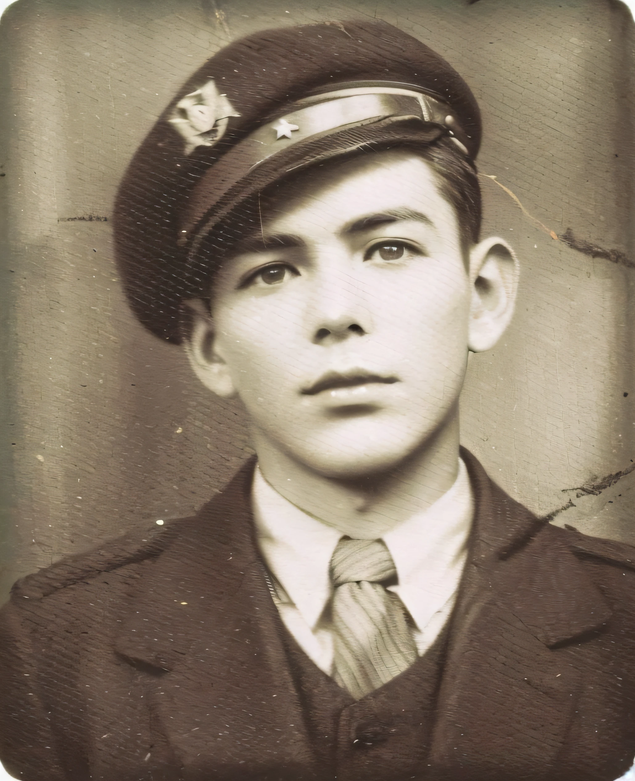 arafed photo of a young man in a uniform and tie, world war 2 portrait photo, ww2 era photograph, aged 2 5, felix kelly, around 1 9 years old, taken on a ww 2 camera, taken on a ww2 camera, taken in the early 1930s, actual photo, patrick o'keeffe, aged 13