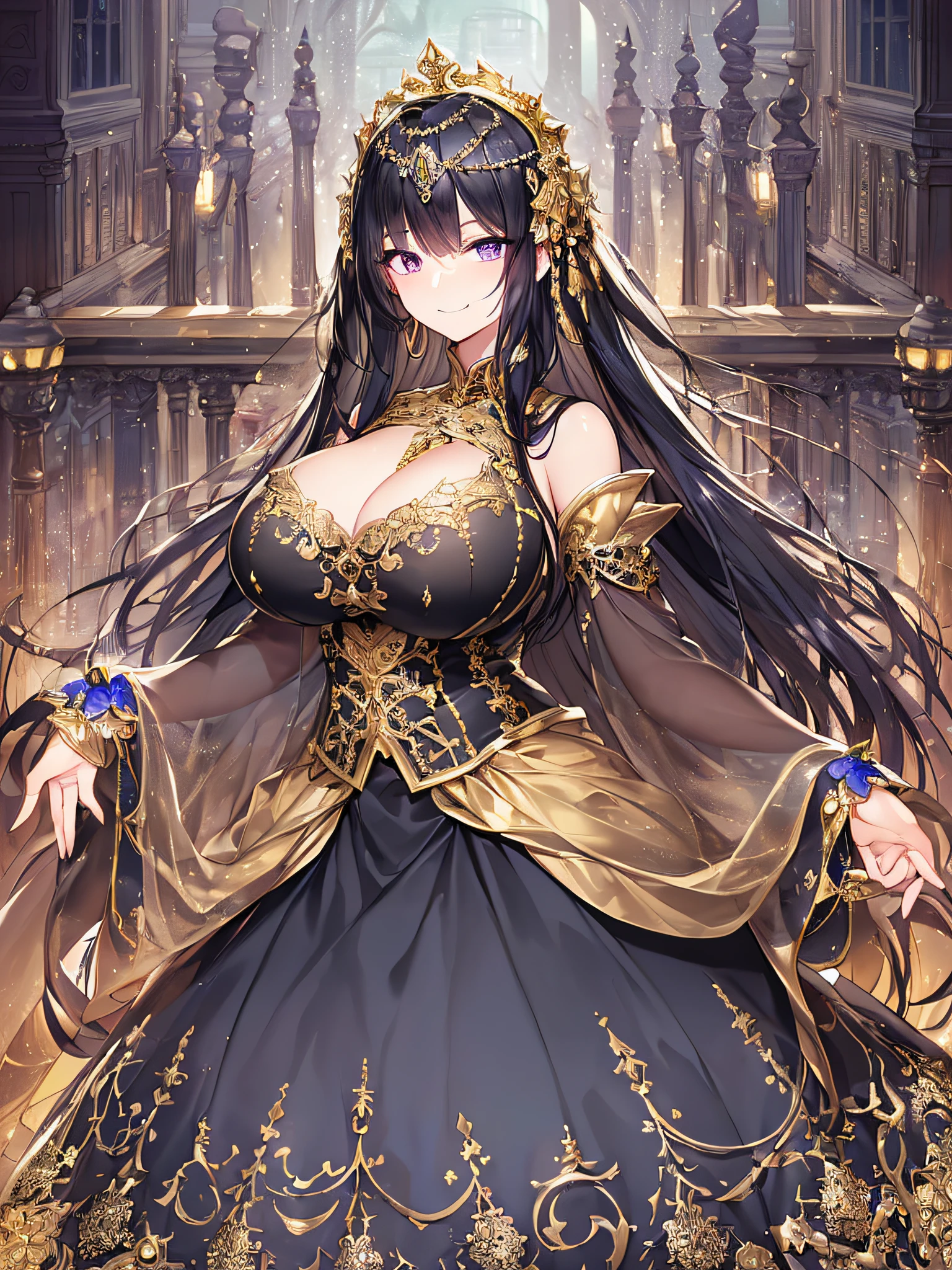 ((anime artstyle)),(Masterpiece),(Best Quality),(Super Detail),(Very Delicate and Beautiful),Solo,(((full body))),from above,BlingBling,(standing in the balcony,Overlooking a detailed night view,outdoor),((1 arrogant princess in beautiful embroidery black and gold gorgeous rococo ballgown with voluminous full length hoop skirt)),(crinoline),gorgeousfull embroidery,Long train,((arrogant,haughty)),(((arrogant smile))),Sharp eyes,(gorgeous gemstone jewelry),detailed face and eyes,jewel-like eyes,Purple eyes,(Bangs between eyes),((large amount of straight hair,extremely Long voluminous black Hair)),((gigantic tits,Long tits)),gorgeousfull embroidery,cleavage,extremely gorgeousfull hair ornament,(bling-bling extremely gorgeousfull jeweled tiara),gorgeous corsage,(Dynamic Angle),Looking at viewer,(((full body))),((beautiful embroidery black and gold gorgeous rococo ballgown with voluminous full length hoop skirt))