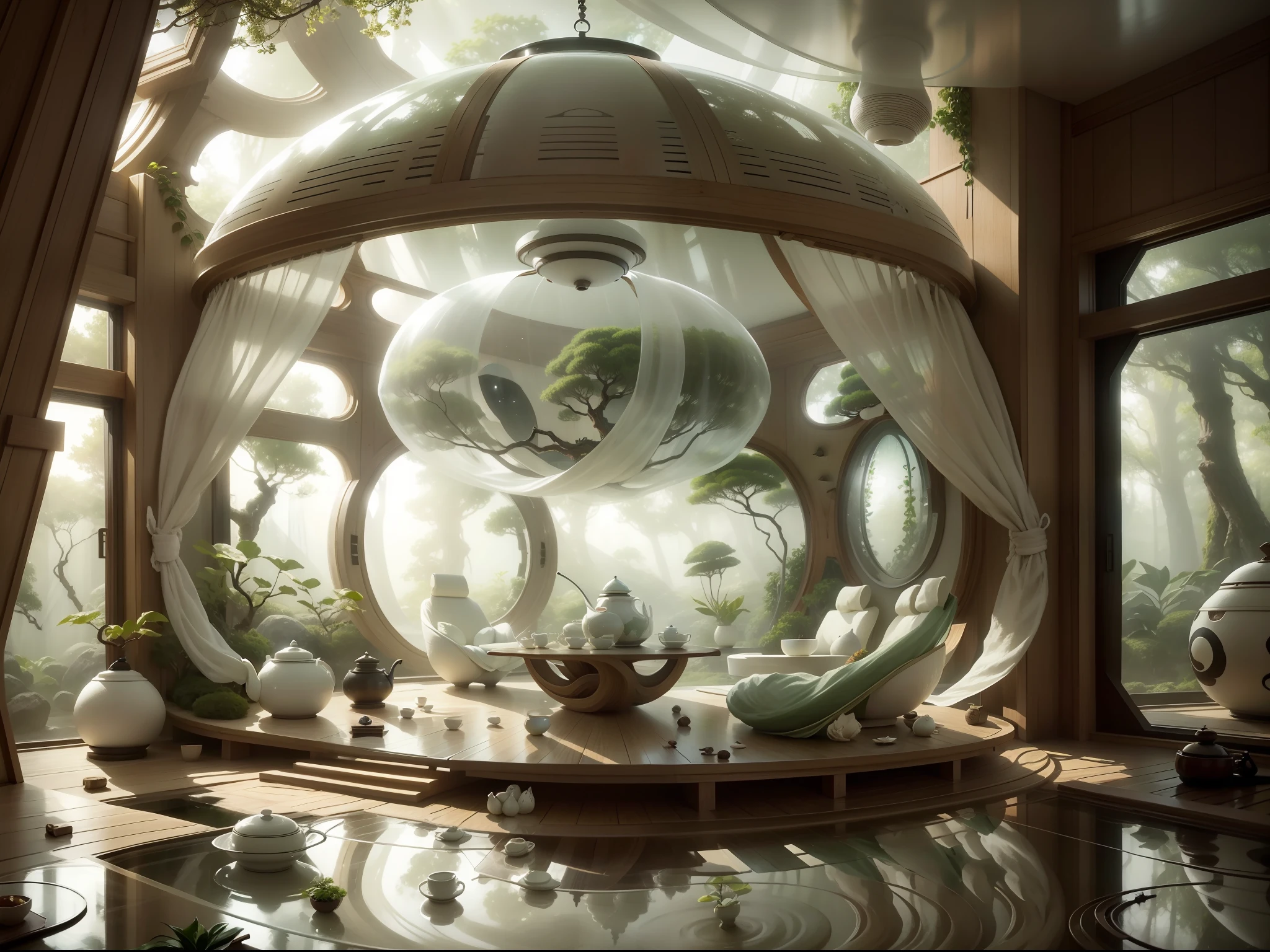 japanese tearoom organic pod in the interior of a cocoon. white silk linen drapes, bonsai trees. calm, serene, surreal, japonism. natural daylight, photo-realistic, concept image. pod suspended. tea table with teapot