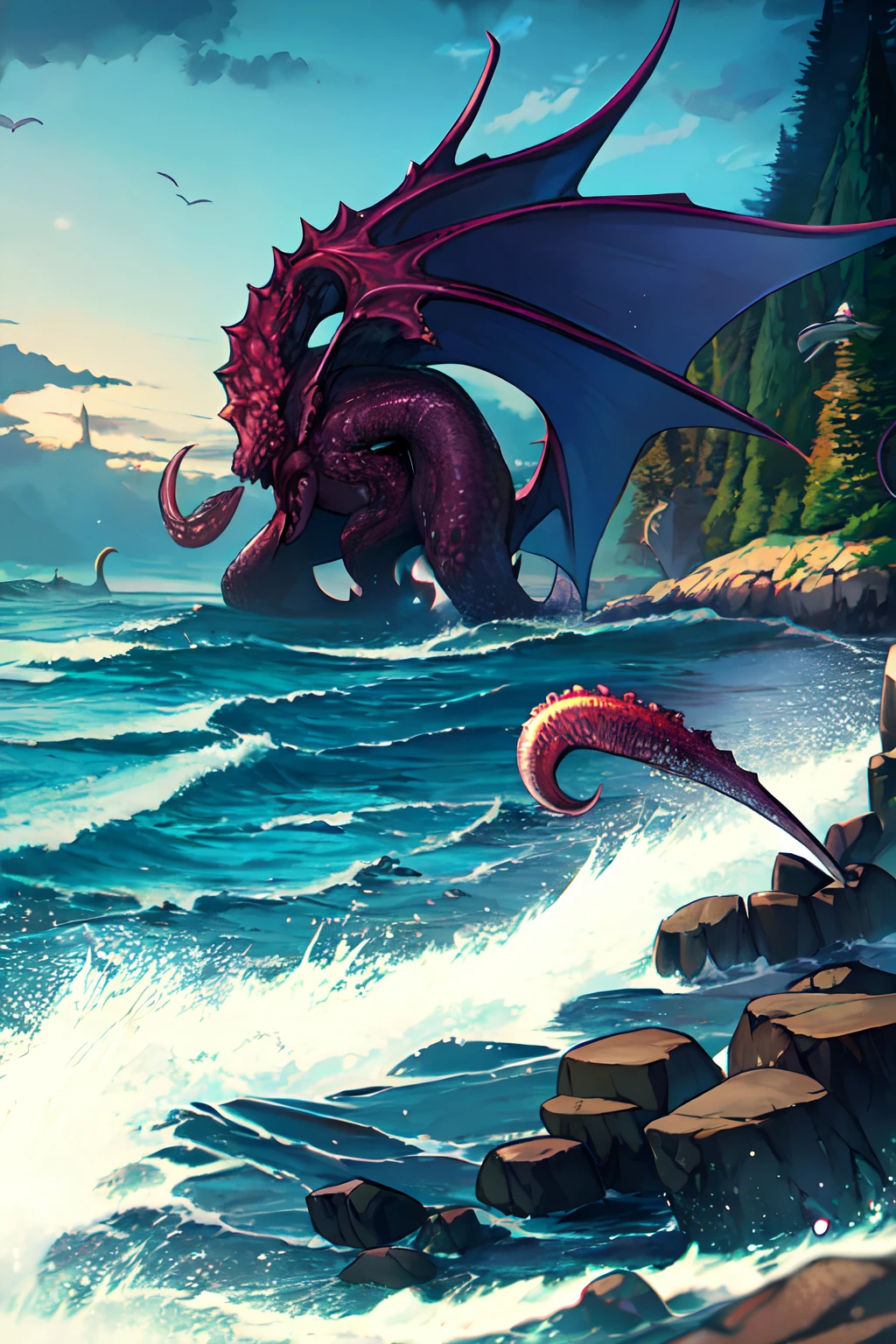 8K, Super detail, ccurate, Best quality, Masterpiece, Super detail, High details, High quality, Best quality, A high resolution
,nigth,darkly,raiden,Cthulhu,Monster,Fish,tentaculata,Black seawater,Recife,swell sea